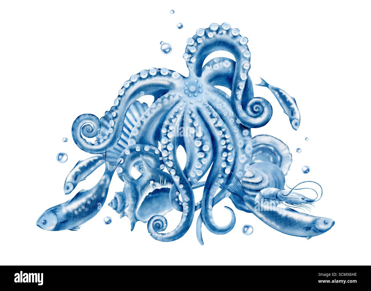 Vie marine en monochrome bleu-une pieuvre, huîtres, sardines, crevettes, coquillages avec des bulles d'air, dessinés à la main dans une composition d'aquarelle pour poissons Banque D'Images