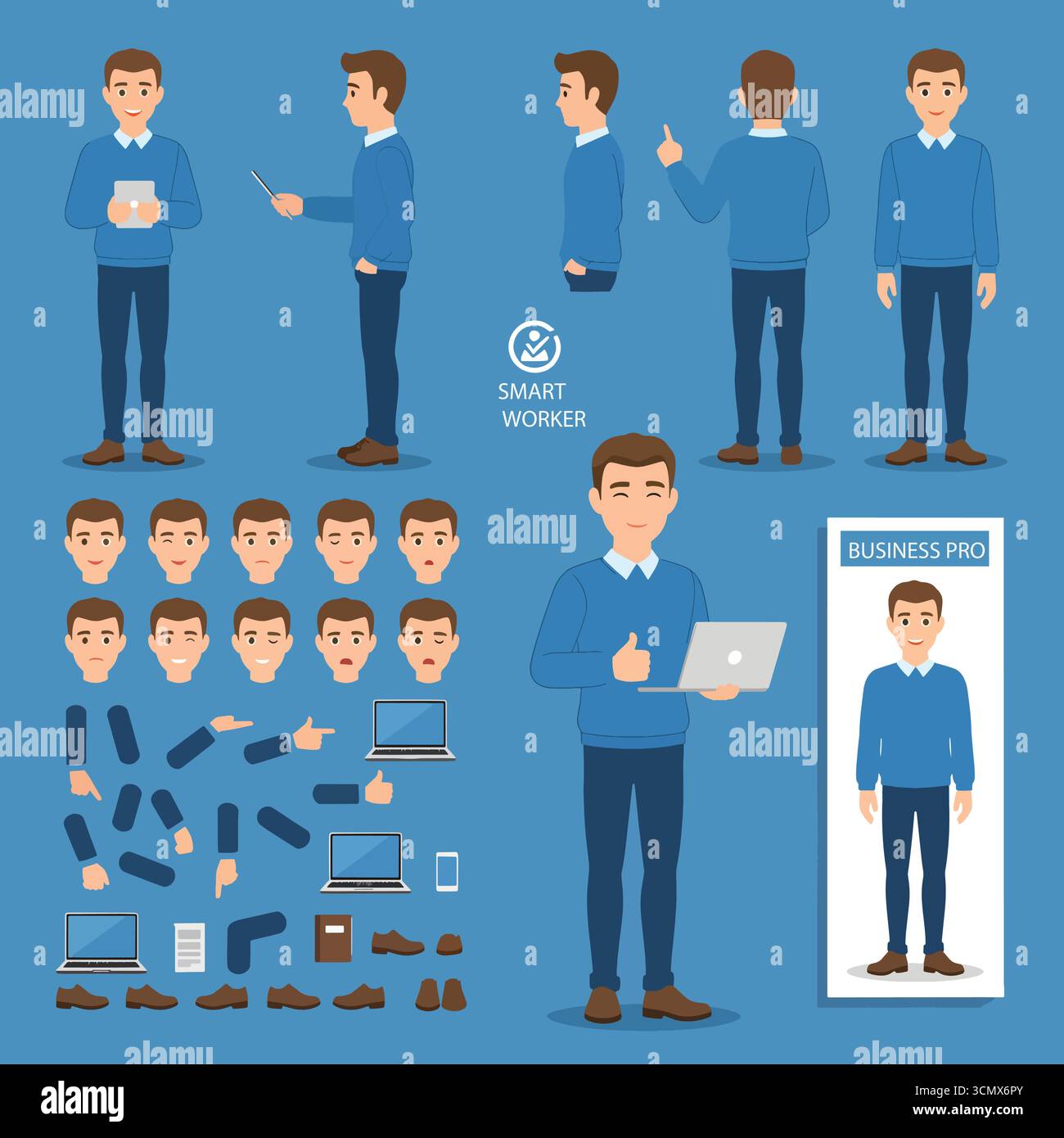 Constructeur de personnage d'homme d'affaires pour l'animation. Vue avant, latérale et arrière. Parties du corps, postures, collections de poses. Illustration vectorielle. Illustration de Vecteur