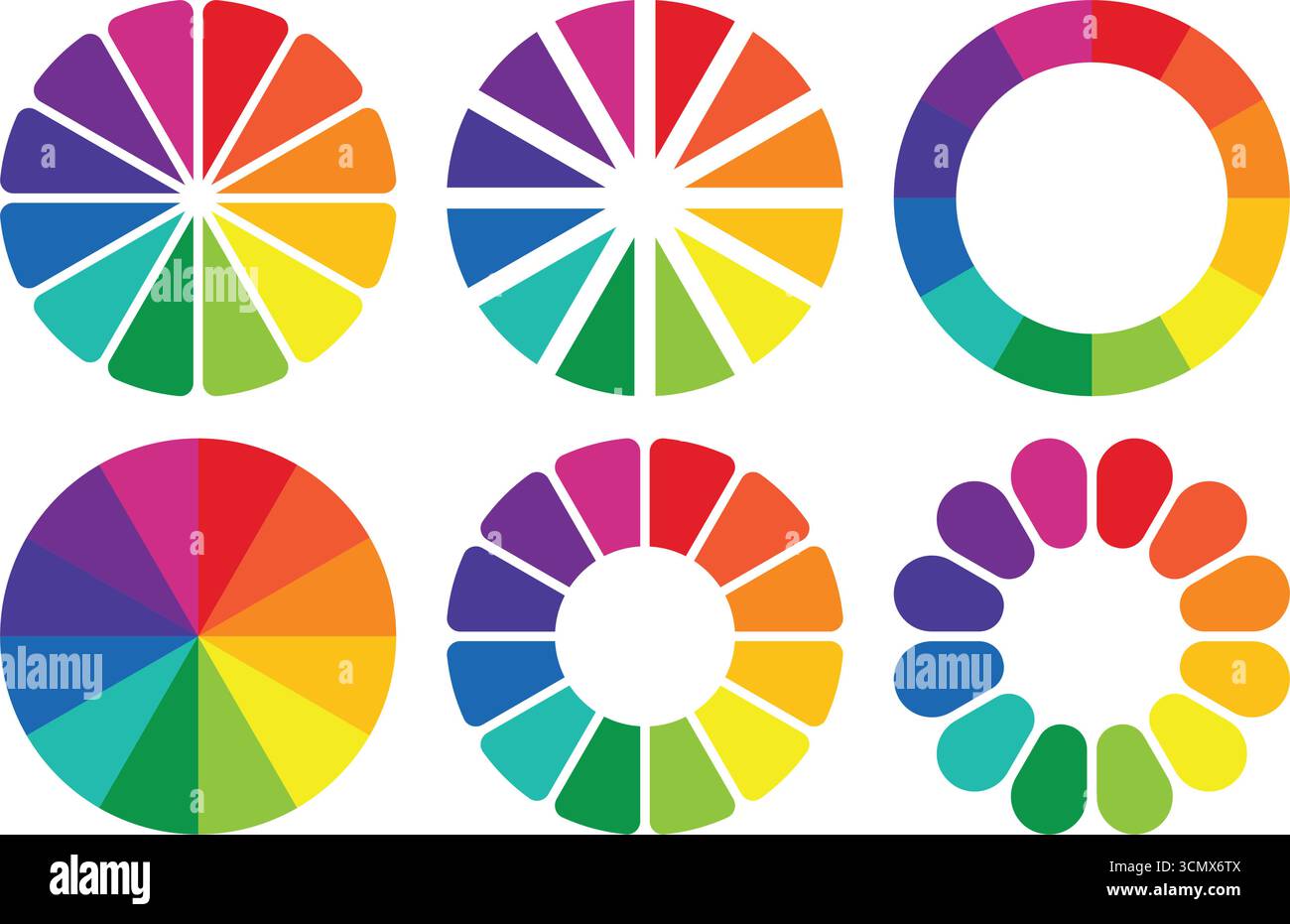 Explorez des roues de couleurs éclatantes et des diagrammes de spectre présentant un spectre de teintes. Ces outils sont parfaits pour les artistes, les designers et toute personne cherchant cre Illustration de Vecteur