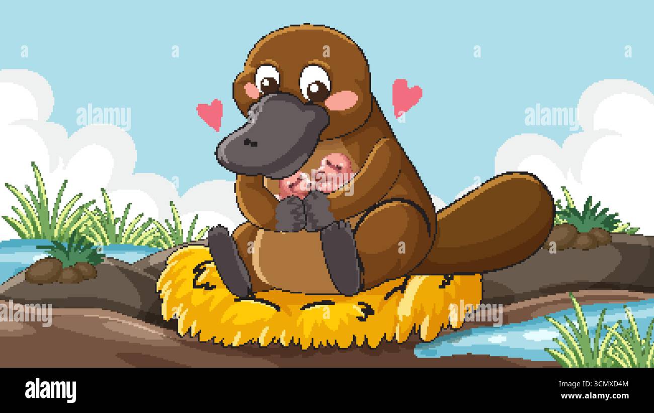 Vecteur de dessin animé de mère ornithorynque câlin deux bébés sur le nid par la rive colorée à l'extérieur. Illustration de Vecteur