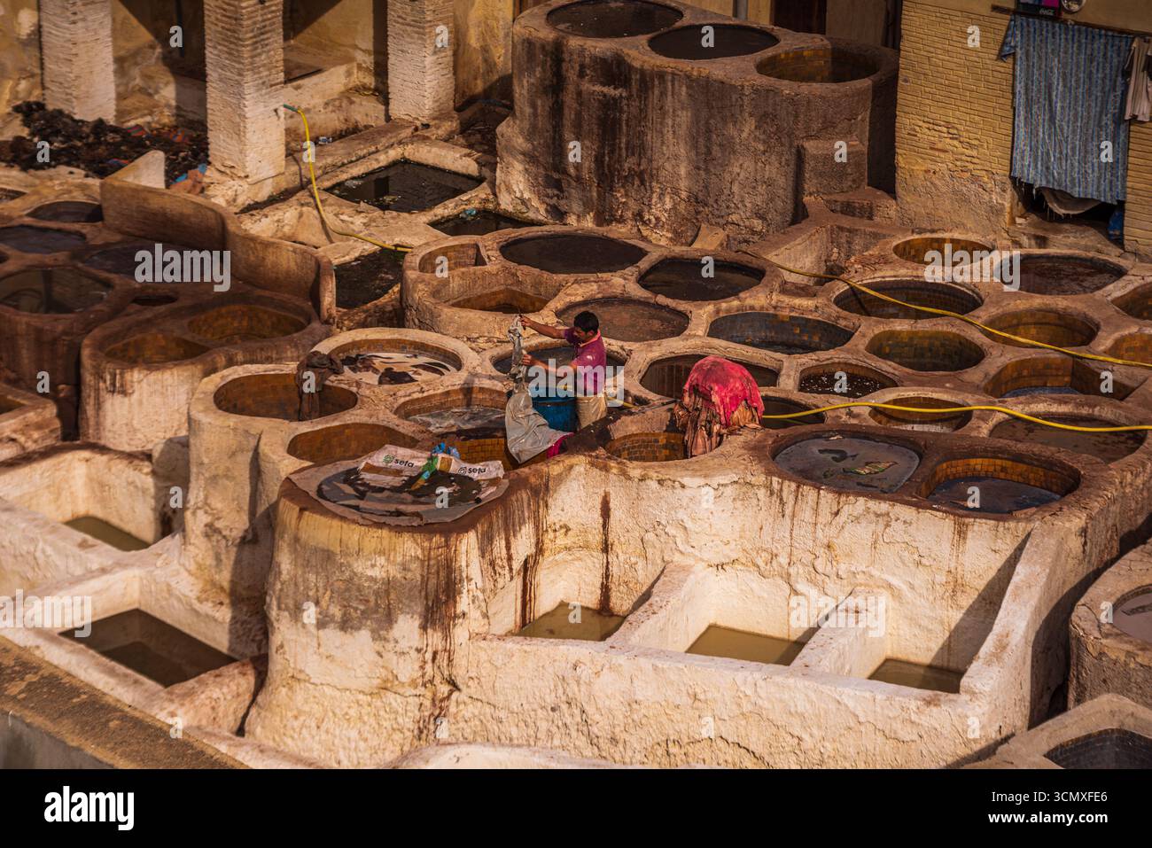Deux femmes travaillant sur des cuves en cuir teinté à la tannerie Chouara, Fès, Maroc Banque D'Images