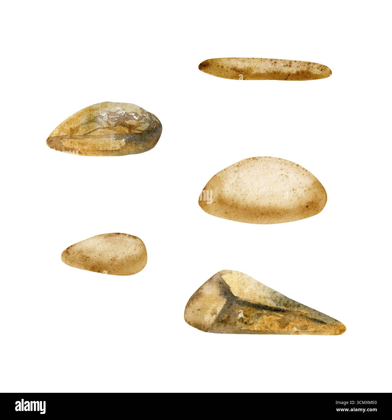 Roches lisses naturelles galets copeaux minéraux grès agate jasper. Illustration d'objet unique, aquarelle dessinée à la main. Soins spa, salon de massage Banque D'Images