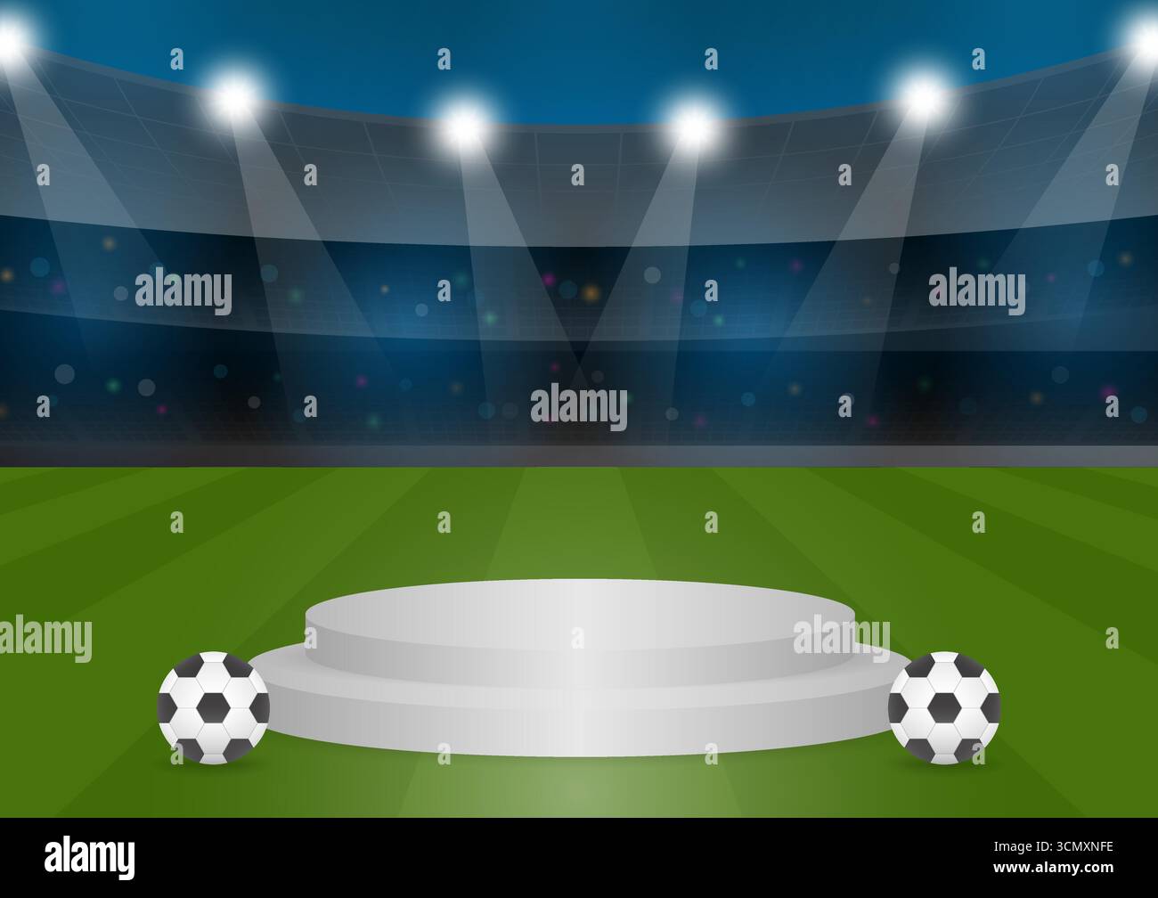 Podium et football sur le terrain de football dans le stade ou l'arène sportive. Terrain de football ou stade de football. Illustration vectorielle. Illustration de Vecteur