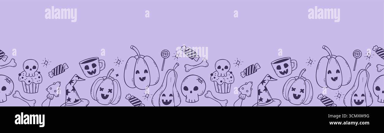 Contour Halloween motif de bordure sans couture. Lanterne citrouille sorcière, cupcake mystique effrayant avec crâne, champignon, bonbons et chapeau de sorcière. Main de ligne Illustration de Vecteur