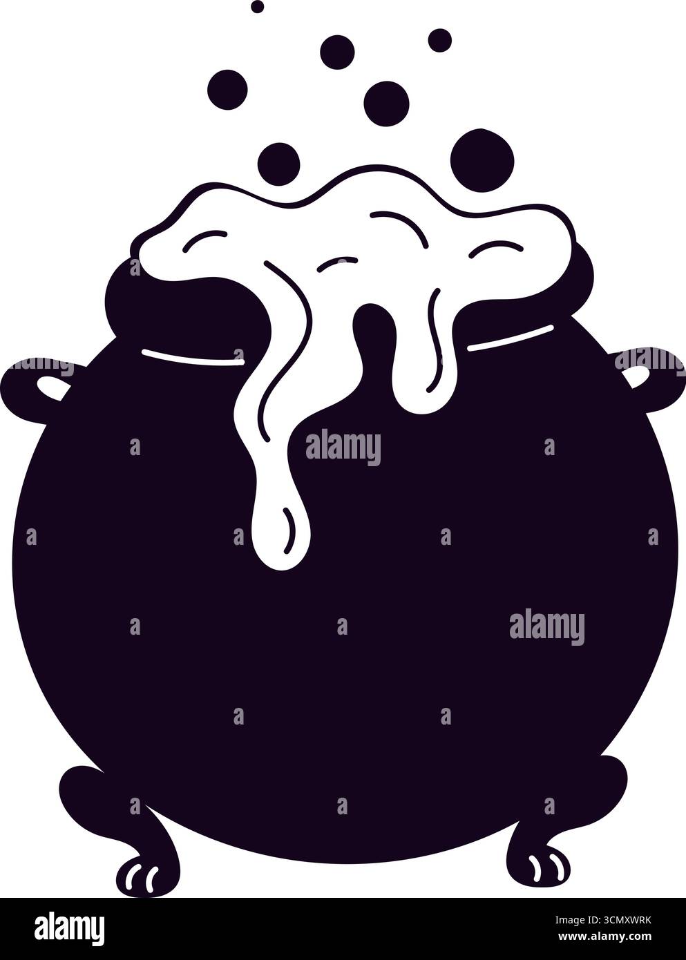 Chaudron magique en métal avec potion de sorcière magique bouillante. Fumée toxique et bulles. Laboratoire de chimie. Chaudière alchimique noire. Substance Fantasy essence Br Illustration de Vecteur