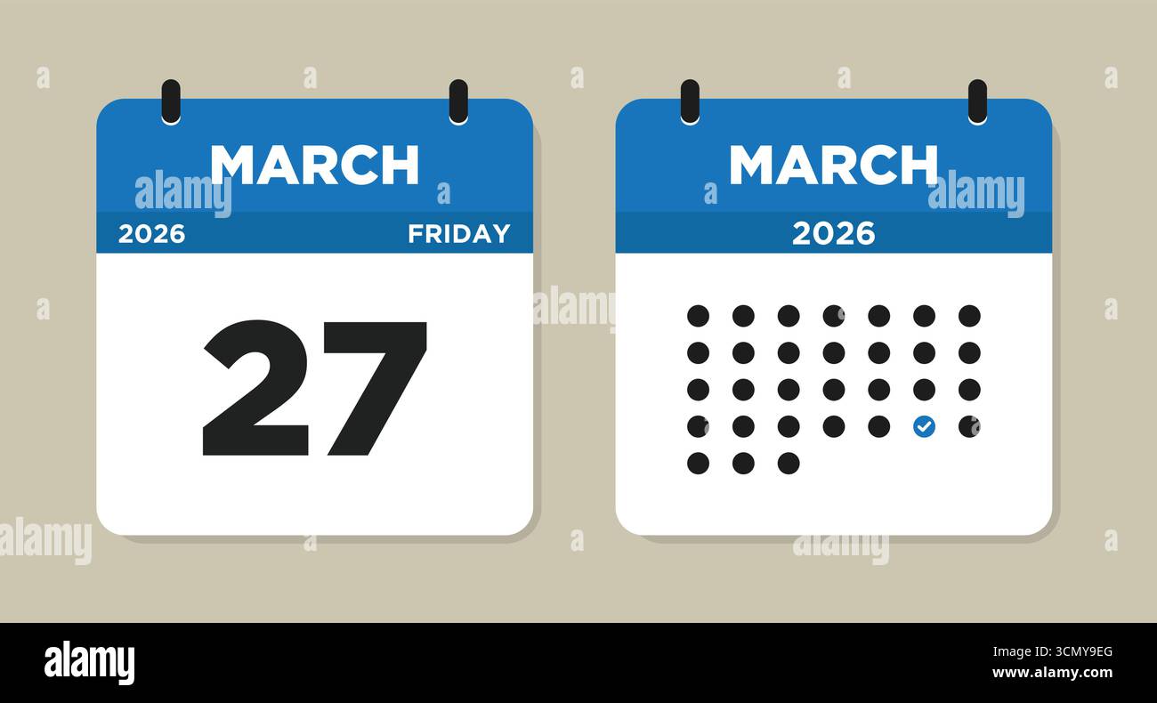 Mars 27 2026 vendredi calendrier illustration vectorielle. Page du calendrier de mars 27. Calendrier journalier avec date mars 27. La semaine commence le dimanche. icône calendrier Illustration de Vecteur