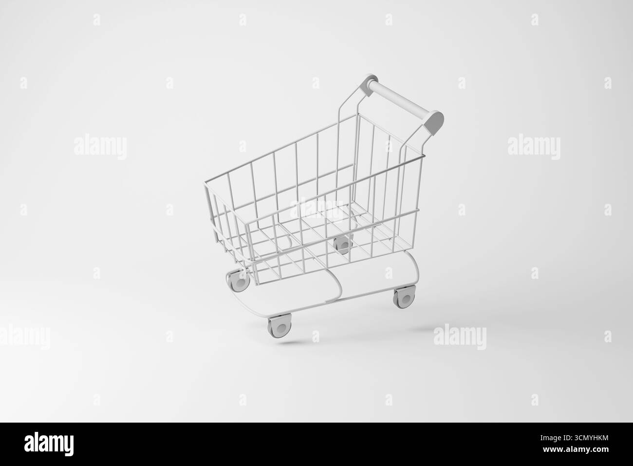 Chariot de supermarché blanc flottant dans les airs sur un fond blanc. Illustration du concept de magasins de détail, d'achats en ligne et de consumérisme Banque D'Images