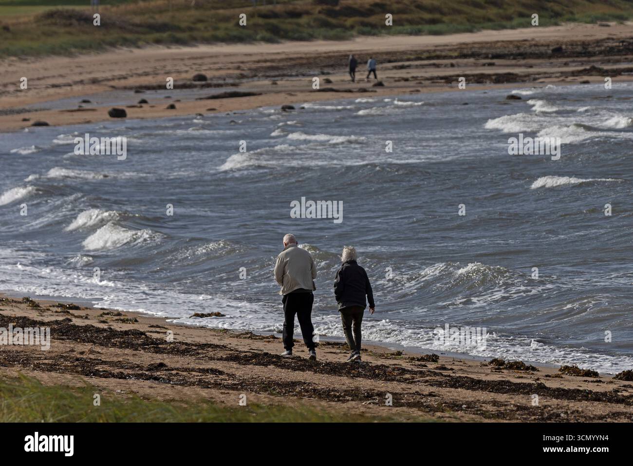 Longniddry, East Lothian, Écosse, Royaume-Uni. 18 septembre 2025. Fort vent en rafales sur les eaux agitées du Firth of Forth pour Kitesurf, vent 37 km/h. Sur la photo : un couple âgé se promène sur le côté sauvage le long du rivage. Credit : Arch White/Alamy Live news. Banque D'Images