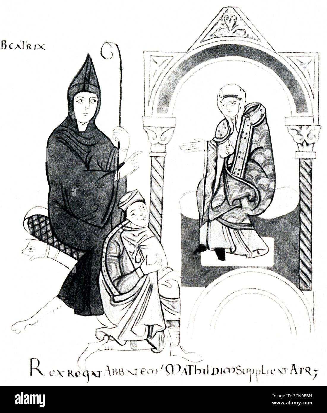 Le pape Grégoire VII excommunia le roi Henri IV d'Allemagne. Ne voulant pas supporter les conséquences sociales de l'interdiction papale, Henri traverse le Mont Cenis en plein hiver pour faire la paix. Grégoire était au château de Canossa, haut dans les montagnes dans le centre-nord de l'Italie et a laissé Henri, vêtu de la mince robe d'un pénitent, se tenir dans la cour en A.D. 1077 pendant trois jours. Finalement, Grégoire accorda à Henry l'absolution. Intercédant auprès du pape pour Henri fut Mathilde de Toscane et l'abbé Hugues de Cluny, le parrain d'Henri. Sur la photo de cette illustration, le Codex Vaticanus Latinusthat comprend le L. Banque D'Images