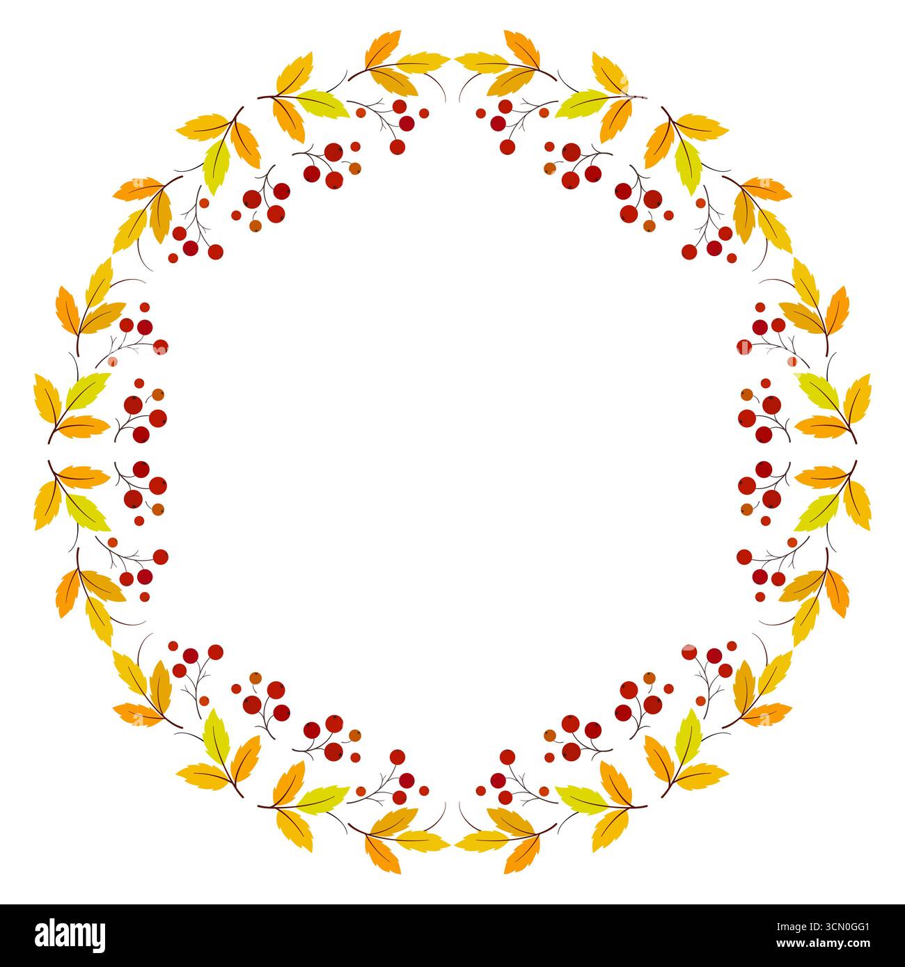 Couronne d'automne de rowan avec espace pour le texte. Ornement floral rond. Guirlande de vacances de feuilles et de baies lumineuses sur fond blanc. Décor pour Merci Illustration de Vecteur