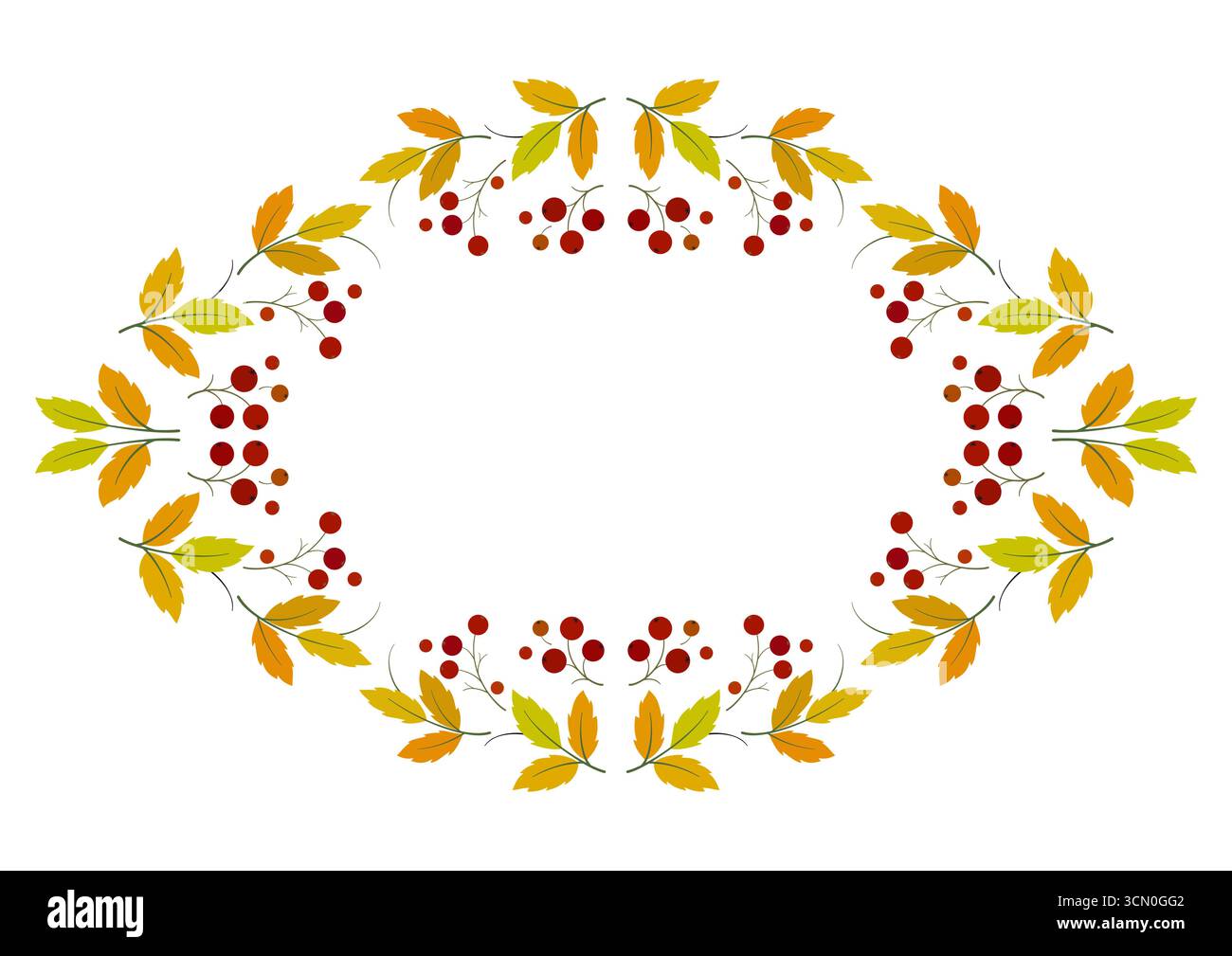 Couronne d'automne de rowan avec espace pour le texte. Ornement floral ovale. Guirlande de vacances de feuilles et de baies lumineuses sur fond blanc. Décor pour Merci Illustration de Vecteur