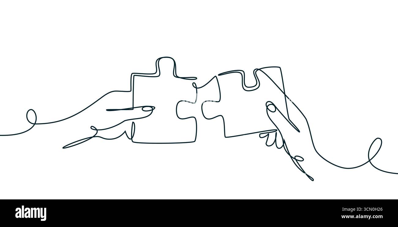 Les mains humaines monolines relient les pièces du puzzle. Illustration vectorielle en ligne continue. Solutions de travail d'équipe et coopération pour des objectifs commerciaux. Collaboration, Illustration de Vecteur