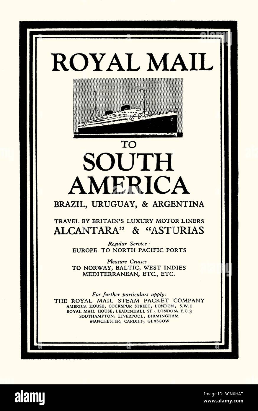 Une publicité pour la route maritime « Royal mail » vers l’Amérique du Sud, faisant la promotion de ses paquebots de luxe « Alcantara » et « Asturias ». Il figure dans un manuel de 1931 pour voyager en Amérique du Sud. La Royal mail Steam Packet Company était une compagnie maritime britannique fondée à Londres en 1839 par un Écossais, James MacQueen. C'est le plus grand groupe maritime au monde en 1927 lorsqu'il a repris la White Star Line. La société a été liquidée et ses actifs ont été repris par la Royal mail Lines (RML) nouvellement formée en 1932 après des problèmes financiers et un scandale – graphiques vintage des années 1930. Banque D'Images Une publicité pour la route maritime « Royal mail » vers l’Amérique du Sud, faisant la promotion de ses paquebots de luxe « Alcantara » et « Asturias ». Il figure dans un manuel de 1931 pour voyager en Amérique du Sud. La Royal mail Steam Packet Company était une compagnie maritime britannique fondée à Londres en 1839 par un Écossais, James MacQueen. C'est le plus grand groupe maritime au monde en 1927 lorsqu'il a repris la White Star Line. La société a été liquidée et ses actifs ont été repris par la Royal mail Lines (RML) nouvellement formée en 1932 après des problèmes financiers et un scandale – graphiques vintage des années 1930. Banque D'Images
