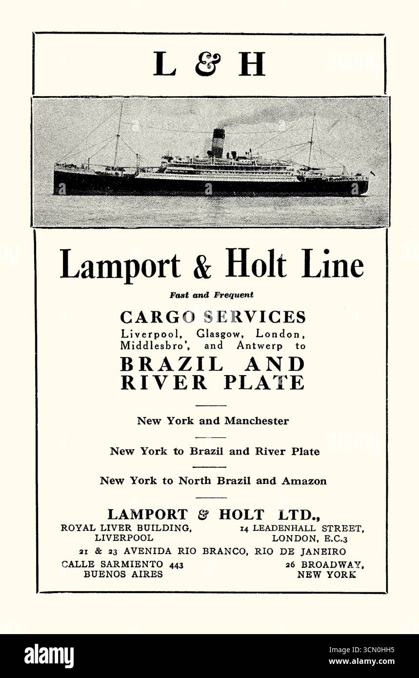 Une publicité pour Lamport et Holt Line faisant la promotion d'un service d'expédition de fret sud-américain opérant du Royaume-Uni au Brésil et à Buenos Aires, en Argentine. Il figure dans un manuel de 1931 pour voyager en Amérique du Sud. Banque D'Images Une publicité pour Lamport et Holt Line faisant la promotion d'un service d'expédition de fret sud-américain opérant du Royaume-Uni au Brésil et à Buenos Aires, en Argentine. Il figure dans un manuel de 1931 pour voyager en Amérique du Sud. Banque D'Images
