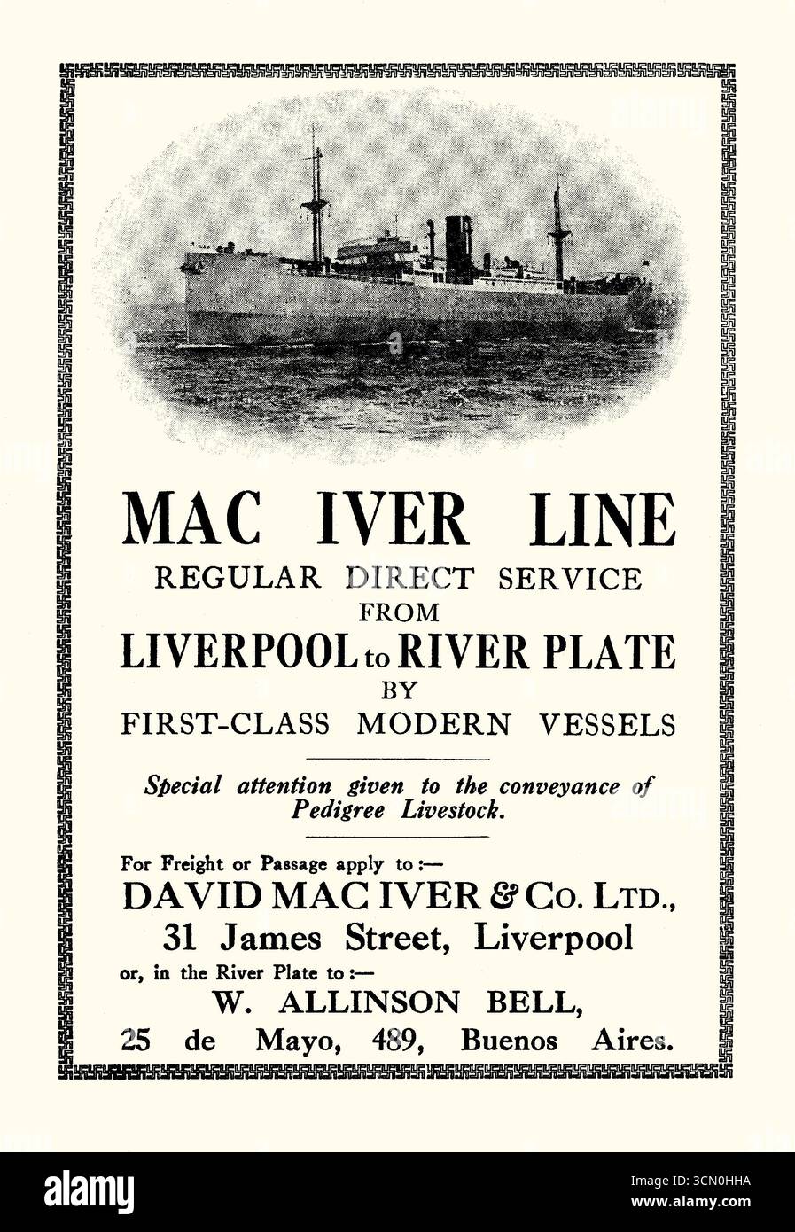Une publicité pour MacIver Line faisant la promotion d'un service d'expédition sud-américain opérant de Liverpool, Angleterre, Royaume-Uni à Buenos Aires, Argentine. Il figure dans un manuel de 1931 pour voyager en Amérique du Sud. David MacIver (1840-1907) était un propriétaire anglais de vapeur. À partir de 1863, il est associé dans la firme d and C MacIver, qui étaient les propriétaires-gérants de la Cunard Steamship Company – graphismes vintage des années 1930. Banque D'Images Une publicité pour MacIver Line faisant la promotion d'un service d'expédition sud-américain opérant de Liverpool, Angleterre, Royaume-Uni à Buenos Aires, Argentine. Il figure dans un manuel de 1931 pour voyager en Amérique du Sud. David MacIver (1840-1907) était un propriétaire anglais de vapeur. À partir de 1863, il est associé dans la firme d and C MacIver, qui étaient les propriétaires-gérants de la Cunard Steamship Company – graphismes vintage des années 1930. Banque D'Images