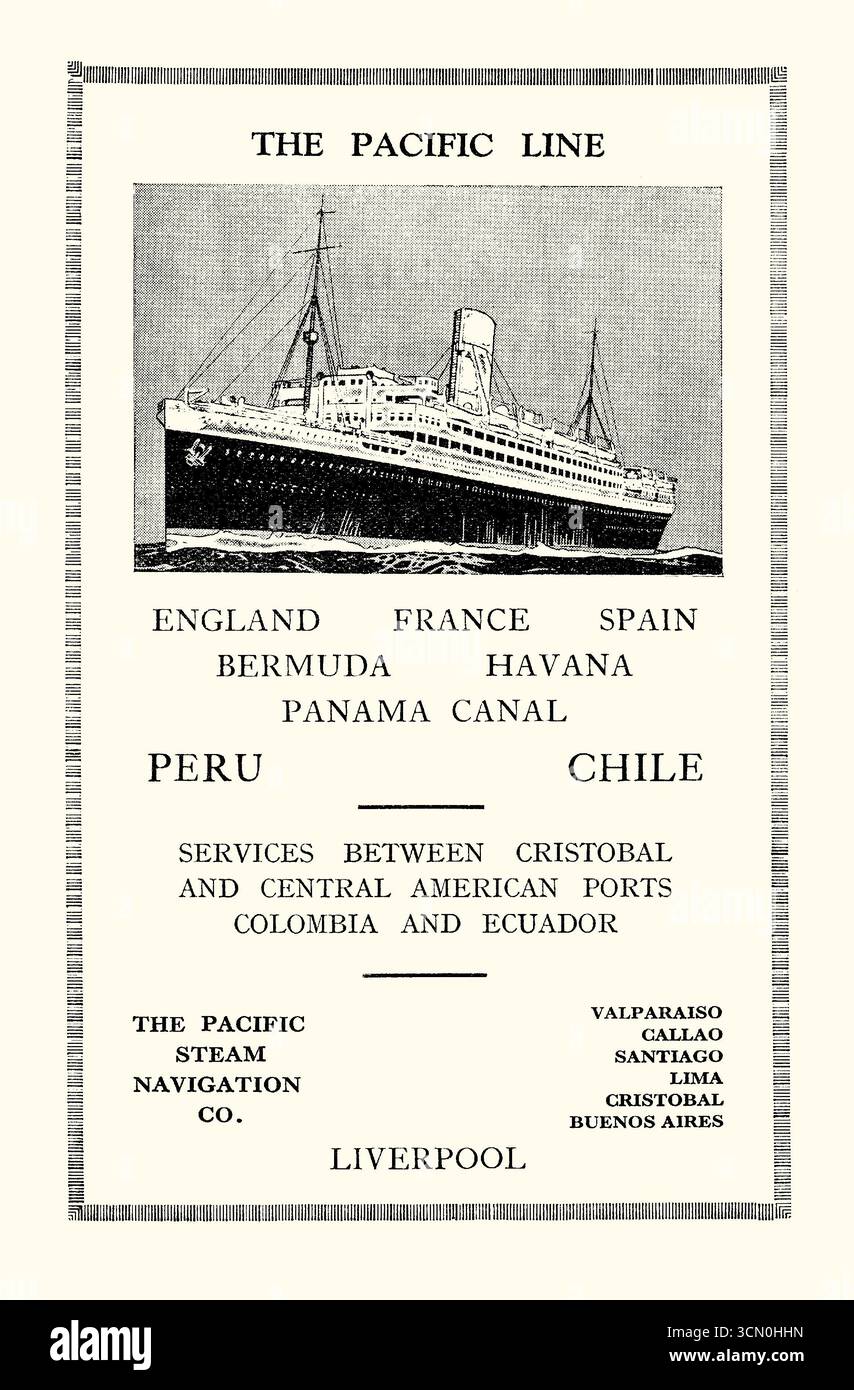 Une publicité pour la Pacific Line et ses routes maritimes de l'Europe à l'Amérique du Sud. Il figure dans un manuel de 1931 pour voyager en Amérique du Sud. La Pacific Steam navigation Company était une compagnie de navigation commerciale britannique qui opérait le long de la côte Pacifique de l'Amérique du Sud, et fut la première à utiliser des navires à vapeur pour le trafic commercial dans l'océan Pacifique. La société a été fondée par William Wheelwright à Londres en 1838. À un moment donné dans les années 1870, il avait la plus grande flotte de navires marchands à vapeur au monde – graphiques vintage des années 1930 Banque D'Images Une publicité pour la Pacific Line et ses routes maritimes de l'Europe à l'Amérique du Sud. Il figure dans un manuel de 1931 pour voyager en Amérique du Sud. La Pacific Steam navigation Company était une compagnie de navigation commerciale britannique qui opérait le long de la côte Pacifique de l'Amérique du Sud, et fut la première à utiliser des navires à vapeur pour le trafic commercial dans l'océan Pacifique. La société a été fondée par William Wheelwright à Londres en 1838. À un moment donné dans les années 1870, il avait la plus grande flotte de navires marchands à vapeur au monde – graphiques vintage des années 1930 Banque D'Images