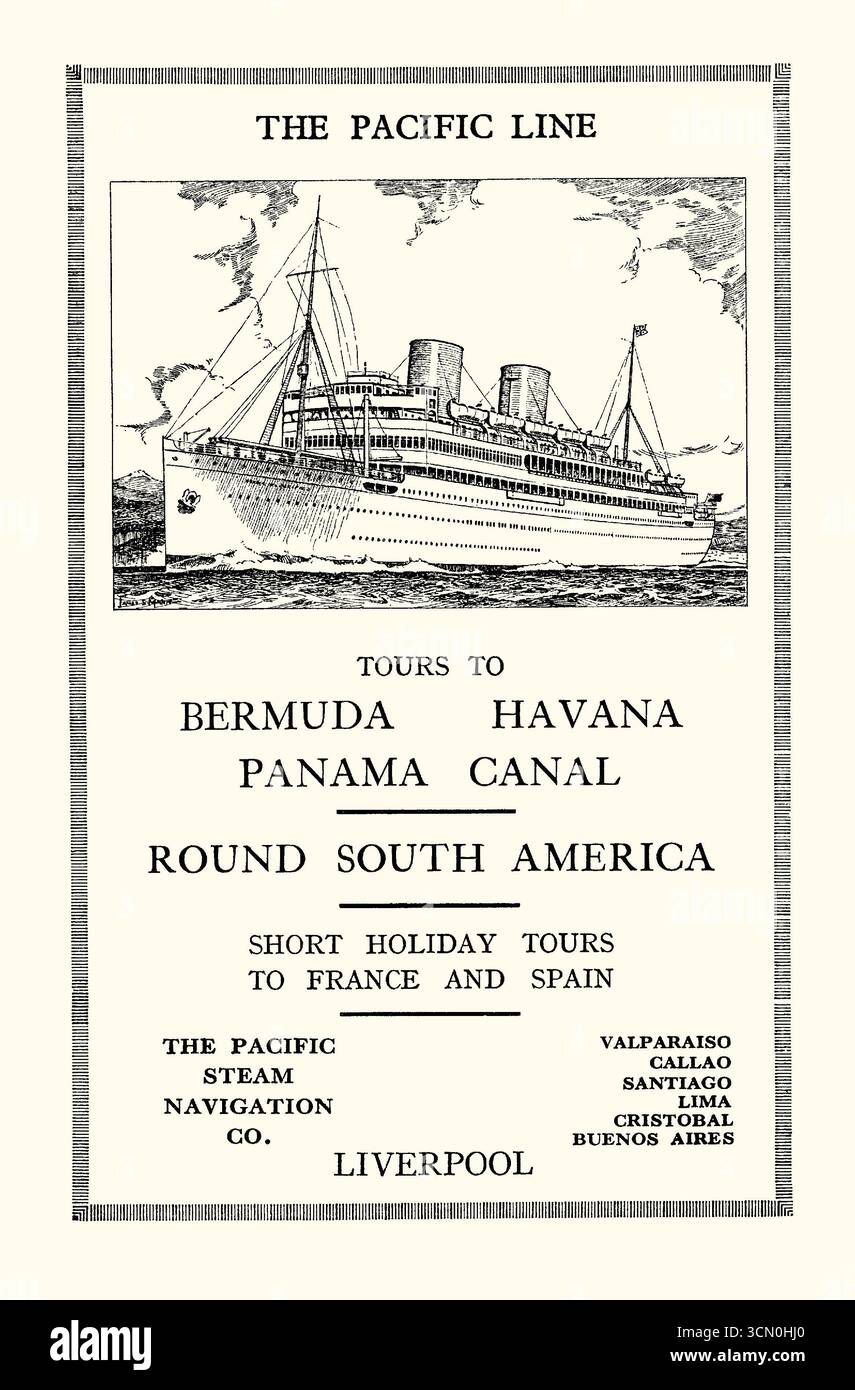 Une publicité pour les excursions de Pacific Line en Amérique du Sud. Il figure dans un manuel de 1931 pour voyager en Amérique du Sud. La Pacific Steam navigation Company était une compagnie de navigation commerciale britannique qui opérait le long de la côte Pacifique de l'Amérique du Sud, et fut la première à utiliser des navires à vapeur pour le trafic commercial dans l'océan Pacifique. La société a été fondée par William Wheelwright à Londres en 1838. À un moment donné dans les années 1870, il avait la plus grande flotte de navires marchands à vapeur au monde – graphiques vintage des années 1930. Banque D'Images Une publicité pour les excursions de Pacific Line en Amérique du Sud. Il figure dans un manuel de 1931 pour voyager en Amérique du Sud. La Pacific Steam navigation Company était une compagnie de navigation commerciale britannique qui opérait le long de la côte Pacifique de l'Amérique du Sud, et fut la première à utiliser des navires à vapeur pour le trafic commercial dans l'océan Pacifique. La société a été fondée par William Wheelwright à Londres en 1838. À un moment donné dans les années 1870, il avait la plus grande flotte de navires marchands à vapeur au monde – graphiques vintage des années 1930. Banque D'Images