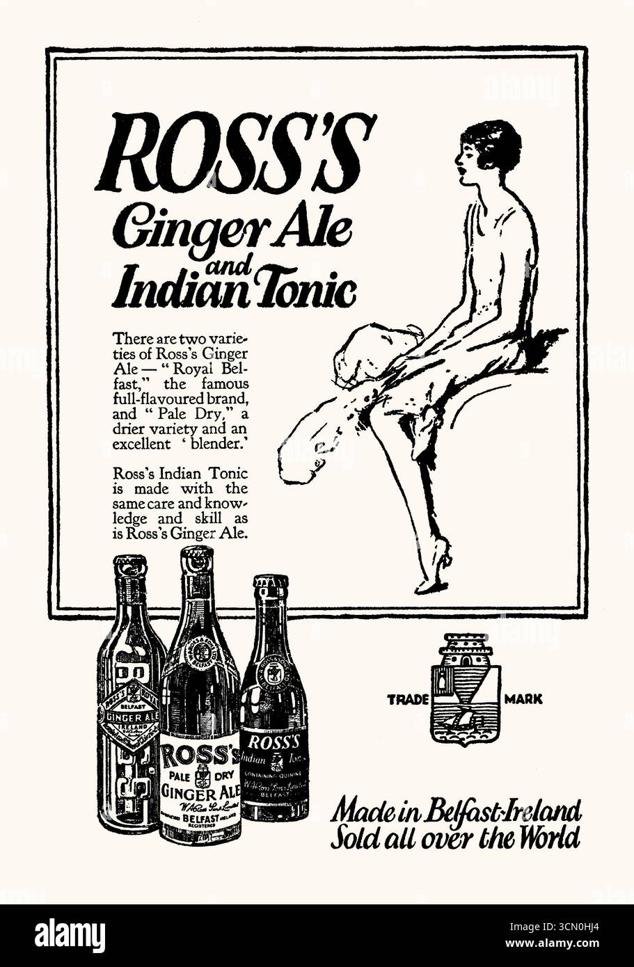 Une publicité pour l’eau tonique indienne de Ross et les boissons gazeuses au gingembre ALE. Il figure dans un manuel de 1931 pour voyager en Amérique du Sud. Les produits ont été fabriqués par W A Ross and Company, Belfast, Irlande du Nord au XIXe siècle. William Adolphus Ross était un homme d'affaires astucieux et inventif, concevant une machine d'embouteillage capable de remplir 48 bouteilles par minute. Il a rapidement développé l'entreprise et en 1879, la société produisait 30 000 bouteilles de leurs différentes boissons gazeuses par jour – graphiques vintage des années 1930. Banque D'Images Une publicité pour l’eau tonique indienne de Ross et les boissons gazeuses au gingembre ALE. Il figure dans un manuel de 1931 pour voyager en Amérique du Sud. Les produits ont été fabriqués par W A Ross and Company, Belfast, Irlande du Nord au XIXe siècle. William Adolphus Ross était un homme d'affaires astucieux et inventif, concevant une machine d'embouteillage capable de remplir 48 bouteilles par minute. Il a rapidement développé l'entreprise et en 1879, la société produisait 30 000 bouteilles de leurs différentes boissons gazeuses par jour – graphiques vintage des années 1930. Banque D'Images