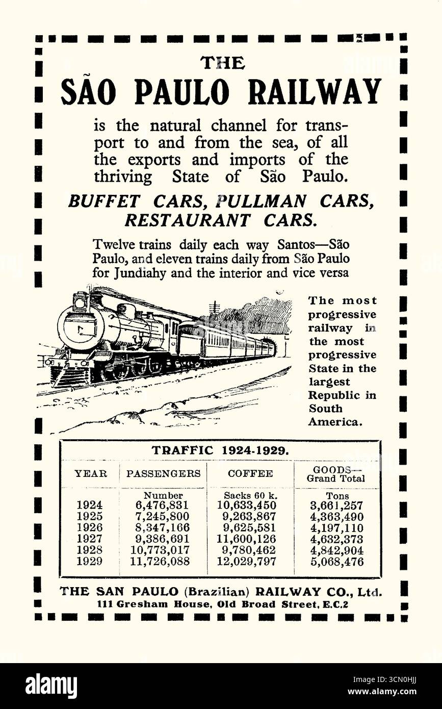 Une publicité pour la Compagnie des chemins de fer de São Paulo, qui figure dans un manuel de 1931 pour voyager en Amérique du Sud. La São Paulo Railway Company (SPR) était une compagnie de chemin de fer britannique privée, qui exploitait un chemin de fer à large écartement au Brésil, du port de Santos à Jundiaí (Jundiahy), en passant par São Paulo 1867. La société a été nationalisée en 1946 et est devenue l'Estrada de Ferro Santos-Jundiaí - graphisme vintage des années 1930 Banque D'Images Une publicité pour la Compagnie des chemins de fer de São Paulo, qui figure dans un manuel de 1931 pour voyager en Amérique du Sud. La São Paulo Railway Company (SPR) était une compagnie de chemin de fer britannique privée, qui exploitait un chemin de fer à large écartement au Brésil, du port de Santos à Jundiaí (Jundiahy), en passant par São Paulo 1867. La société a été nationalisée en 1946 et est devenue l'Estrada de Ferro Santos-Jundiaí - graphisme vintage des années 1930 Banque D'Images