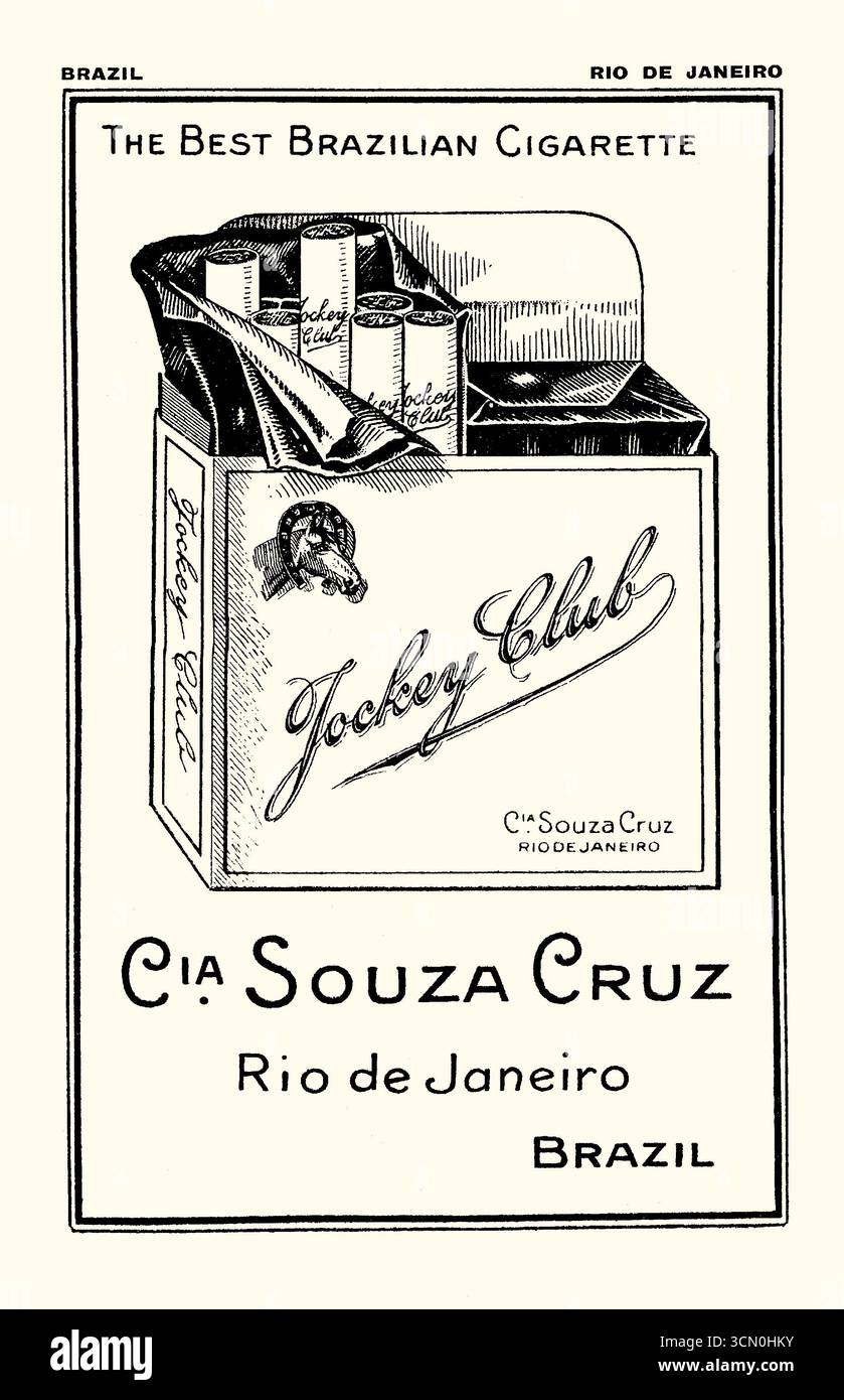 Une publicité pour des cigarettes de marque Jockey Club, fabriquées à Rio de Janeiro, au Brésil par Souza Cruz, qui figurait dans un manuel de 1931 pour voyager en Amérique du Sud. La société a été fondée en 1903 par l'immigrant portugais Albino Souza Cruz, créant sa propre entreprise de production de cigarettes en utilisant la machine à rouler récemment développée, y compris la populaire marque Dalila - graphiques vintage des années 1930. Banque D'Images Une publicité pour des cigarettes de marque Jockey Club, fabriquées à Rio de Janeiro, au Brésil par Souza Cruz, qui figurait dans un manuel de 1931 pour voyager en Amérique du Sud. La société a été fondée en 1903 par l'immigrant portugais Albino Souza Cruz, créant sa propre entreprise de production de cigarettes en utilisant la machine à rouler récemment développée, y compris la populaire marque Dalila - graphiques vintage des années 1930. Banque D'Images