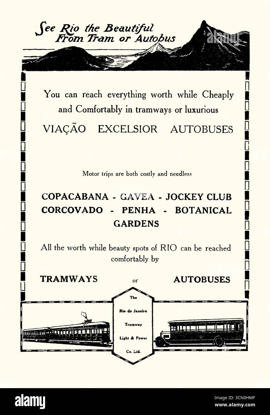 Une publicité pour le système de bus et de tramway de Rio de Janeiro. Il figure dans un manuel de 1931 pour voyager en Amérique du Sud. Il annonce que toutes les principales destinations touristiques peuvent être atteintes par les transports en commun. Rio de Janeiro, au Brésil, possédait autrefois le plus grand réseau de tramways d'Amérique du Sud, avec un réseau massif qui a été largement démantelé dans les années 1960, ne laissant que la ligne historique de Santa Teresa. La ligne Santa Teresa, à l'origine un tramway tiré par des mulets en 1877, a été électrifiée en 1895 et est toujours en activité aujourd'hui comme une attraction touristique - graphiques vintage des années 1930. Banque D'Images Une publicité pour le système de bus et de tramway de Rio de Janeiro. Il figure dans un manuel de 1931 pour voyager en Amérique du Sud. Il annonce que toutes les principales destinations touristiques peuvent être atteintes par les transports en commun. Rio de Janeiro, au Brésil, possédait autrefois le plus grand réseau de tramways d'Amérique du Sud, avec un réseau massif qui a été largement démantelé dans les années 1960, ne laissant que la ligne historique de Santa Teresa. La ligne Santa Teresa, à l'origine un tramway tiré par des mulets en 1877, a été électrifiée en 1895 et est toujours en activité aujourd'hui comme une attraction touristique - graphiques vintage des années 1930. Banque D'Images
