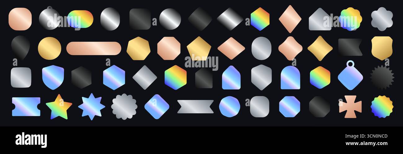 Dégradés de badges métalliques formes pour UI Branding Or argent boutons holographiques étiquettes icônes. Éléments modernes minimaux définis pour les médias sociaux d'applications Web Illustration de Vecteur