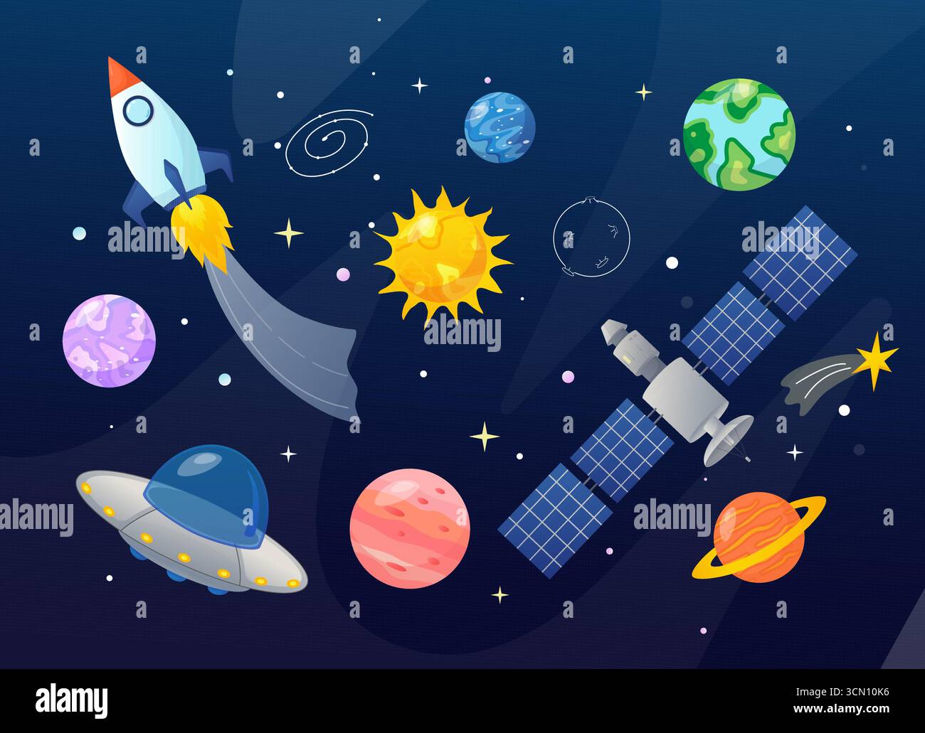 Vaisseau spatial, fusée et OVNI volant à travers des planètes et des étoiles dans l'espace extra-atmosphérique Illustration de Vecteur
