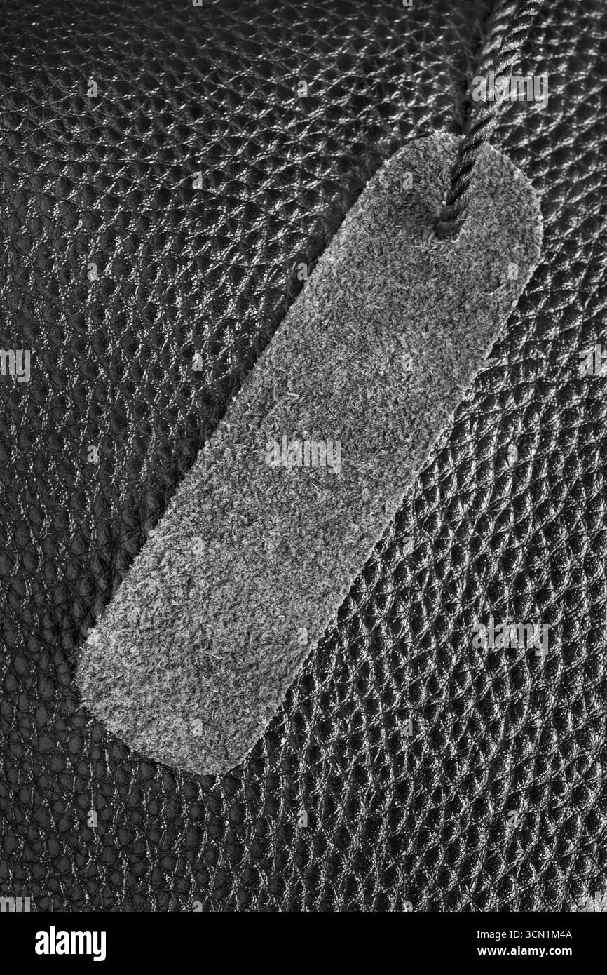 Étiquette en daim noir vierge sur fond de cuir texturé noir Banque D'Images