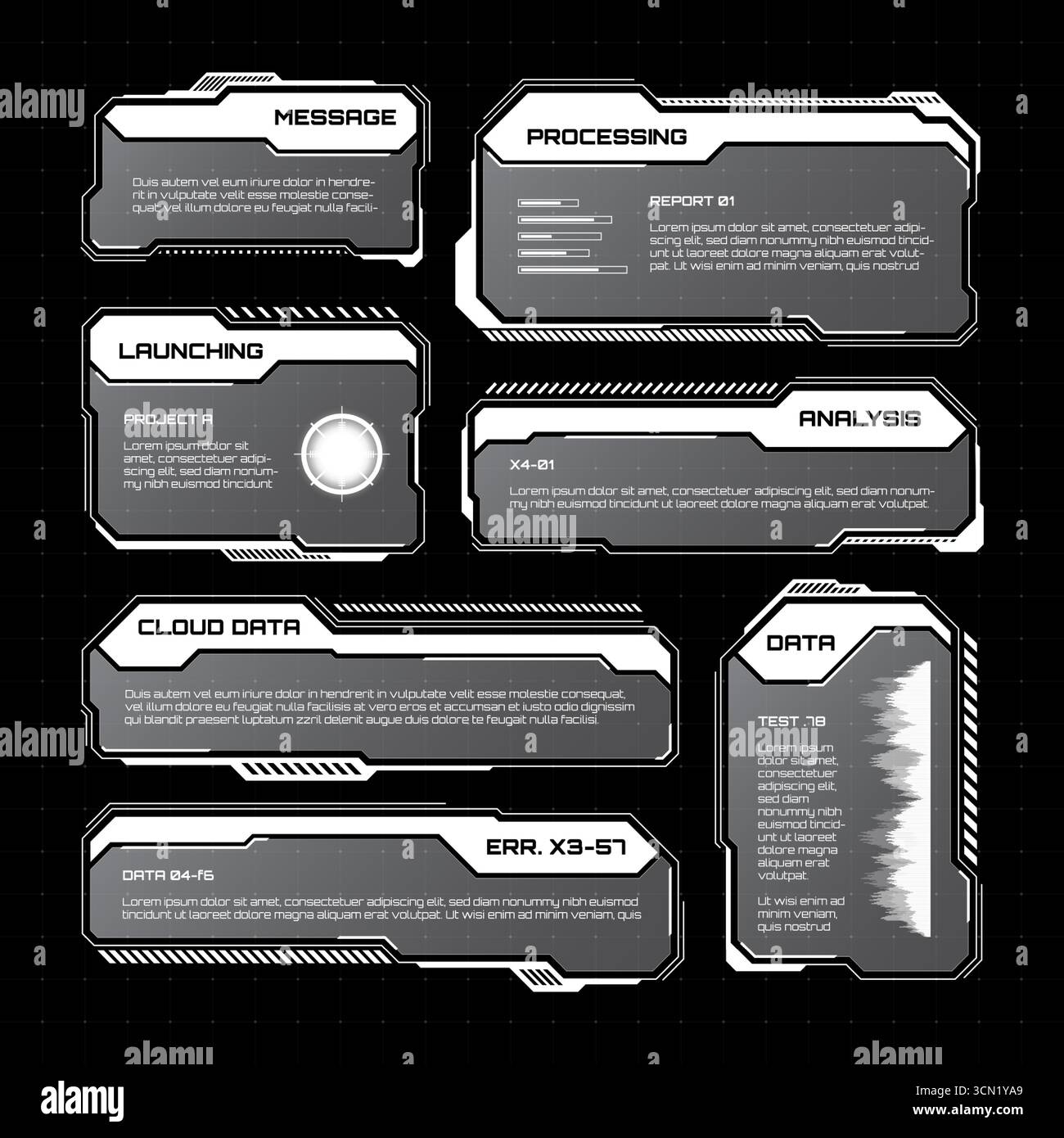 HUD futuriste blanc, éléments UI. Zones de texte et légendes de l'interface utilisateur SCI-fi. Cadres de message d'avertissement, modèle de boîtes d'information. Jeu moderne Illustration de Vecteur