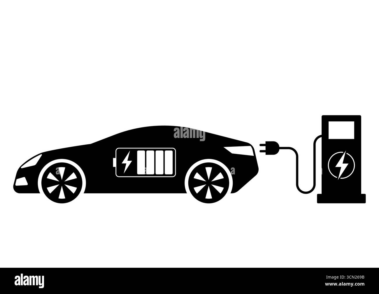 Voiture électrique. Symbole de voiture électrique. Voiture électrique à la station de recharge. Green Energy ou Eco-Friendly concept. Illustration vectorielle. Illustration de Vecteur