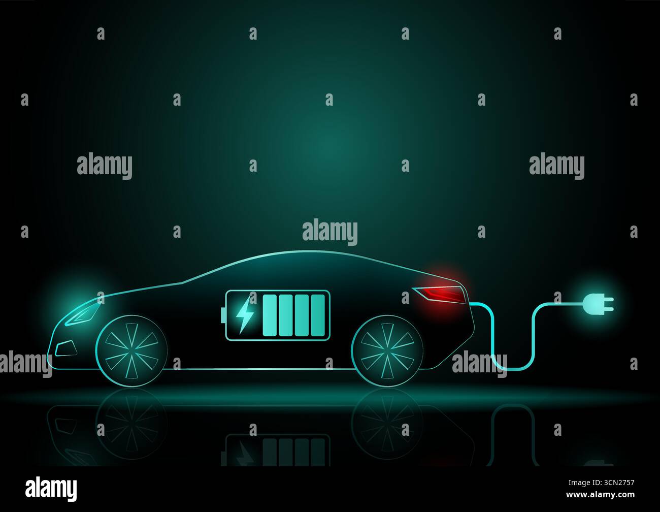 Voiture électrique futuriste moderne ou voiture électrique EV recharge à une station de recharge. Voiture électrique incandescente néon sur fond sombre. Véhicule électrique futuriste Con Illustration de Vecteur