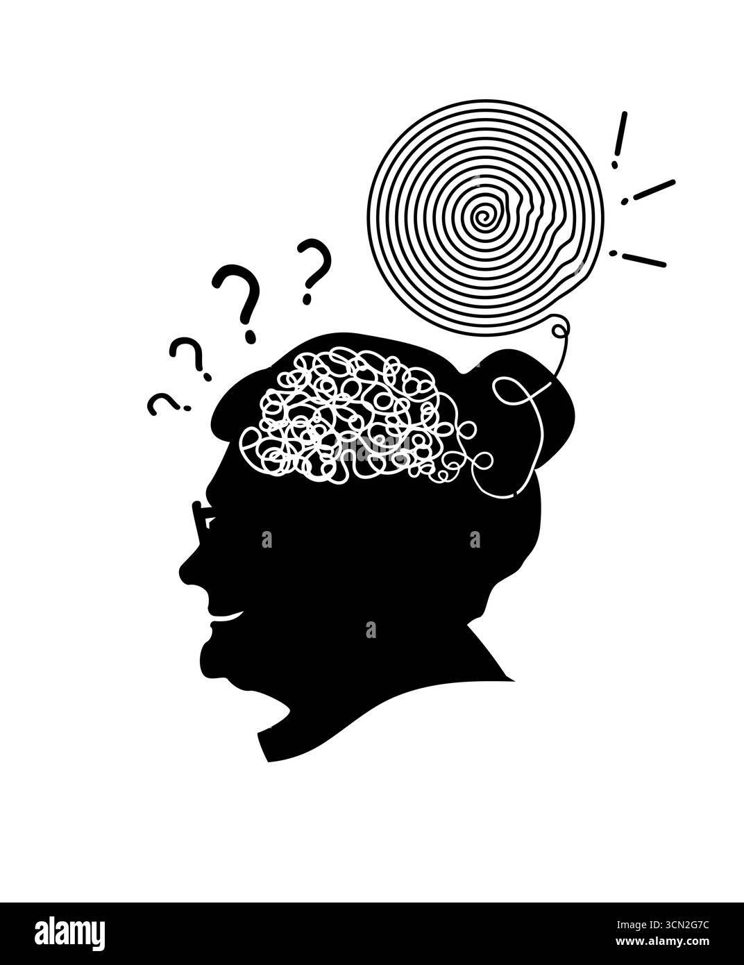 Maladie d'Alzheimer. Logo silhouette vieille femme intelligente. Illustration vectorielle. dessiné à la main. Pas IA, Illustration de Vecteur