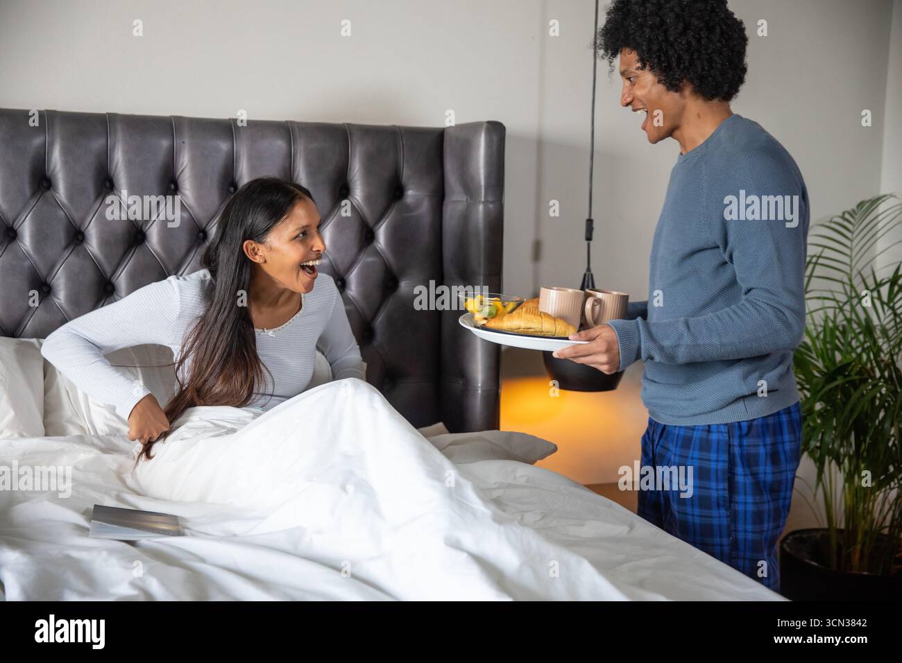 Couple diversifié tirant vers l'arrière couette dans la chambre à côté de la tête de lit tuftée, recevant plateau de petit déjeuner Banque D'Images Couple diversifié tirant vers l'arrière couette dans la chambre à côté de la tête de lit tuftée, recevant plateau de petit déjeuner Banque D'Images
