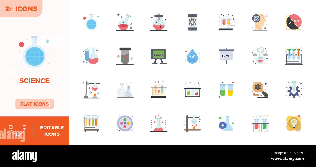 Pack vectoriel avec 28 icônes de PIXELS colorés plats parfaits inspirés par la science, livré en résolution 128x128 idéal pour le travail de conception évolutif et créatif Illustration de Vecteur