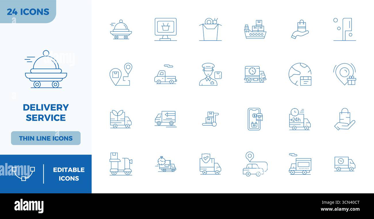Ensemble sophistiqué de 24 icônes vectorielles Thin Outline pour Delivery Service, conçu avec 128x128 PIXELS clarté parfaite pour les applications professionnelles Illustration de Vecteur