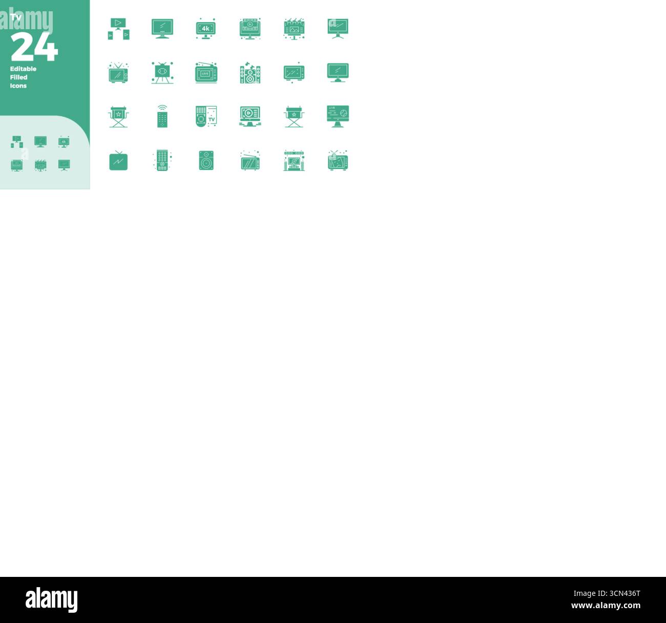 Icônes vectorielles parfaites de 24 PIXELS DE glyphe pour la télévision, livrées au format 128x128 pour une excellence visuelle constante. Illustration de Vecteur