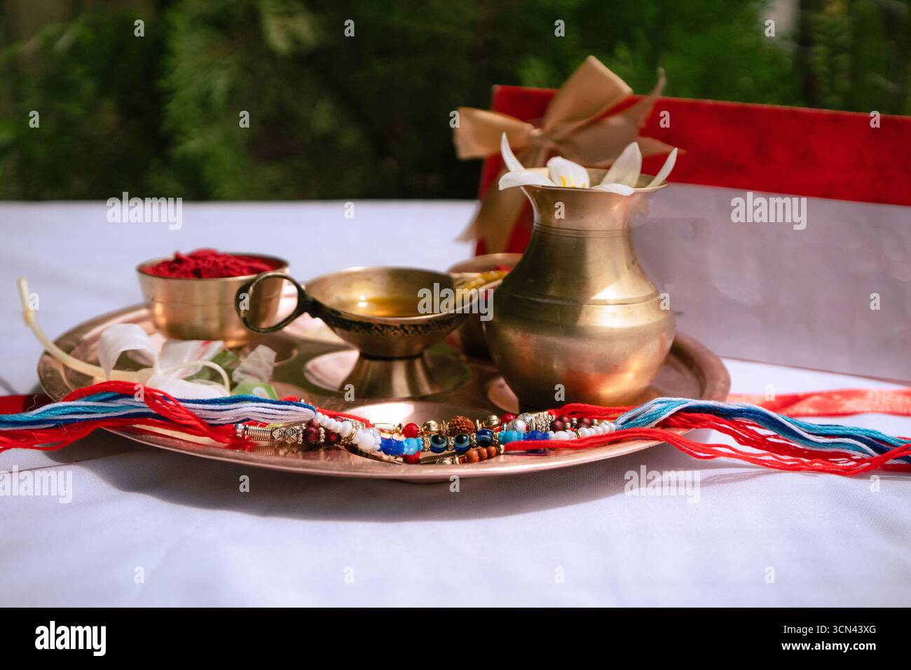 Joyeuse célébration de Raksha Bandhan avec frère et sœur échangeant rakhi, bonbons et cadeaux Banque D'Images Joyeuse célébration de Raksha Bandhan avec frère et sœur échangeant rakhi, bonbons et cadeaux Banque D'Images