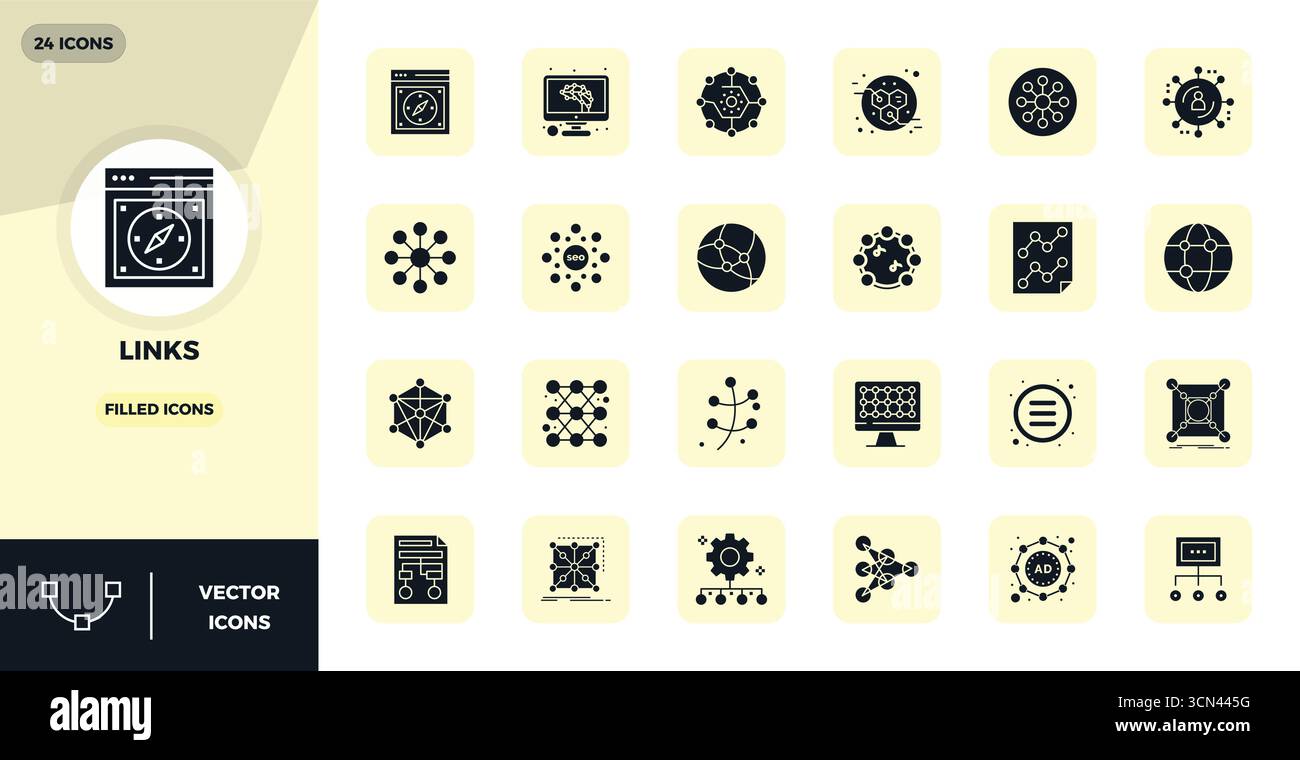 Un ensemble polyvalent de 24 icônes vectorielles parfaites de PIXELS remplis de glyphes axées sur les liens, livrés dans un format 128x128 net idéal pour les applications mobiles et Web Illustration de Vecteur