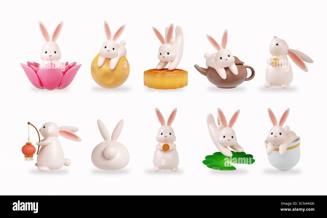 Fête de la lune avec de jolies figurines de lapin dans diverses poses. Illustration de rendu 3D. Banque D'Images