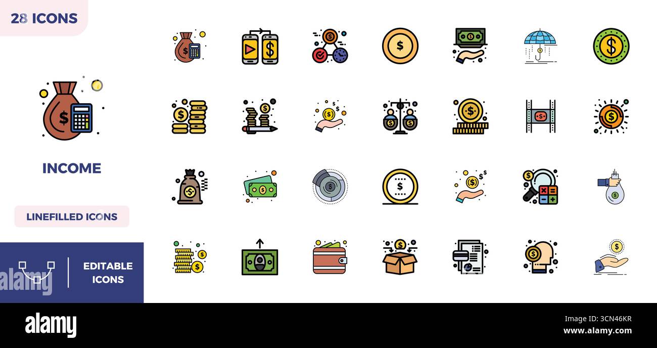Icônes vectorielles remplies de couleurs linéaires 28 méticuleusement conçues pour le revenu, livrées en 128x128 PIXELS DE qualité parfaite pour des normes de conception sans compromis. Illustration de Vecteur