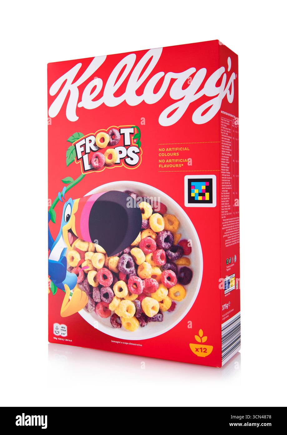 LONDRES, Royaume-Uni - 28 AVRIL 2025 : boîte de céréales originales Kellogg's Froot Loops petit déjeuner sur blanc. Banque D'Images