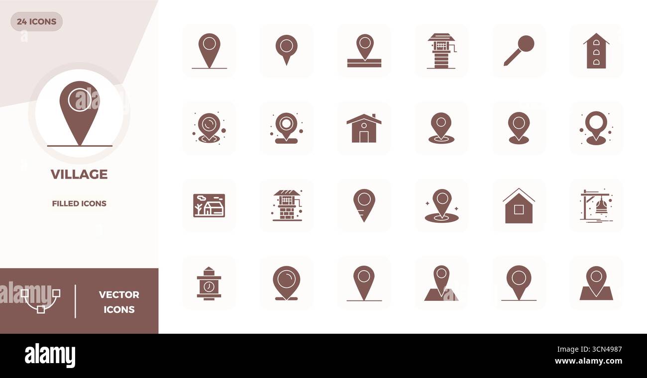 Découvrez un ensemble de 24 icônes vectorielles remplies de glyphes conçues pour le thème Village, avec des designs parfaits 128x128 PIXELS idéaux pour les projets UI / UX modernes. Illustration de Vecteur
