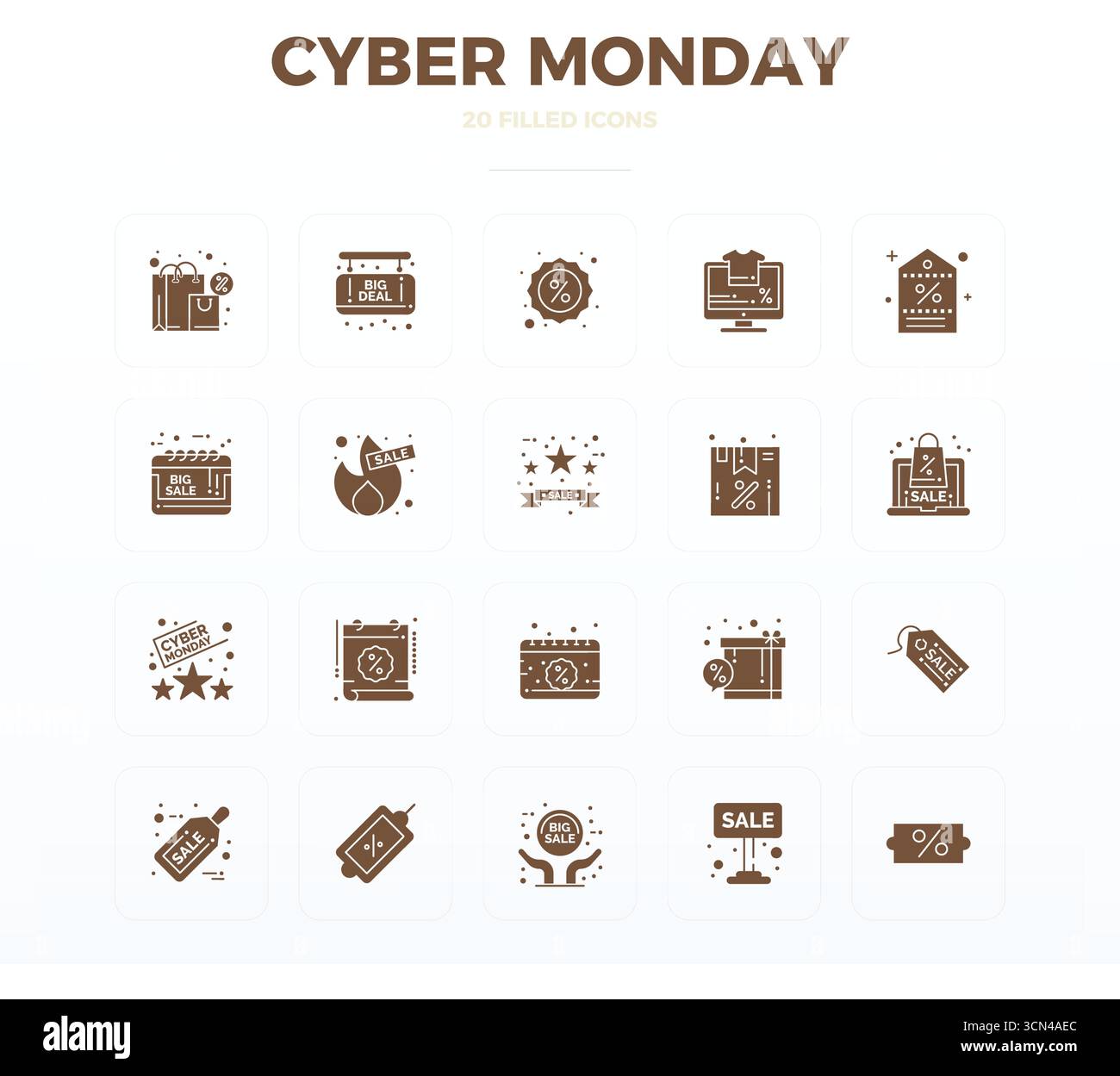 Paquet complet de 20 icônes vectorielles sur le thème du Cyber Monday, présentant la conception remplie de glyphes en 128x128 PIXELS DE qualité parfaite pour les interfaces modernes. Illustration de Vecteur