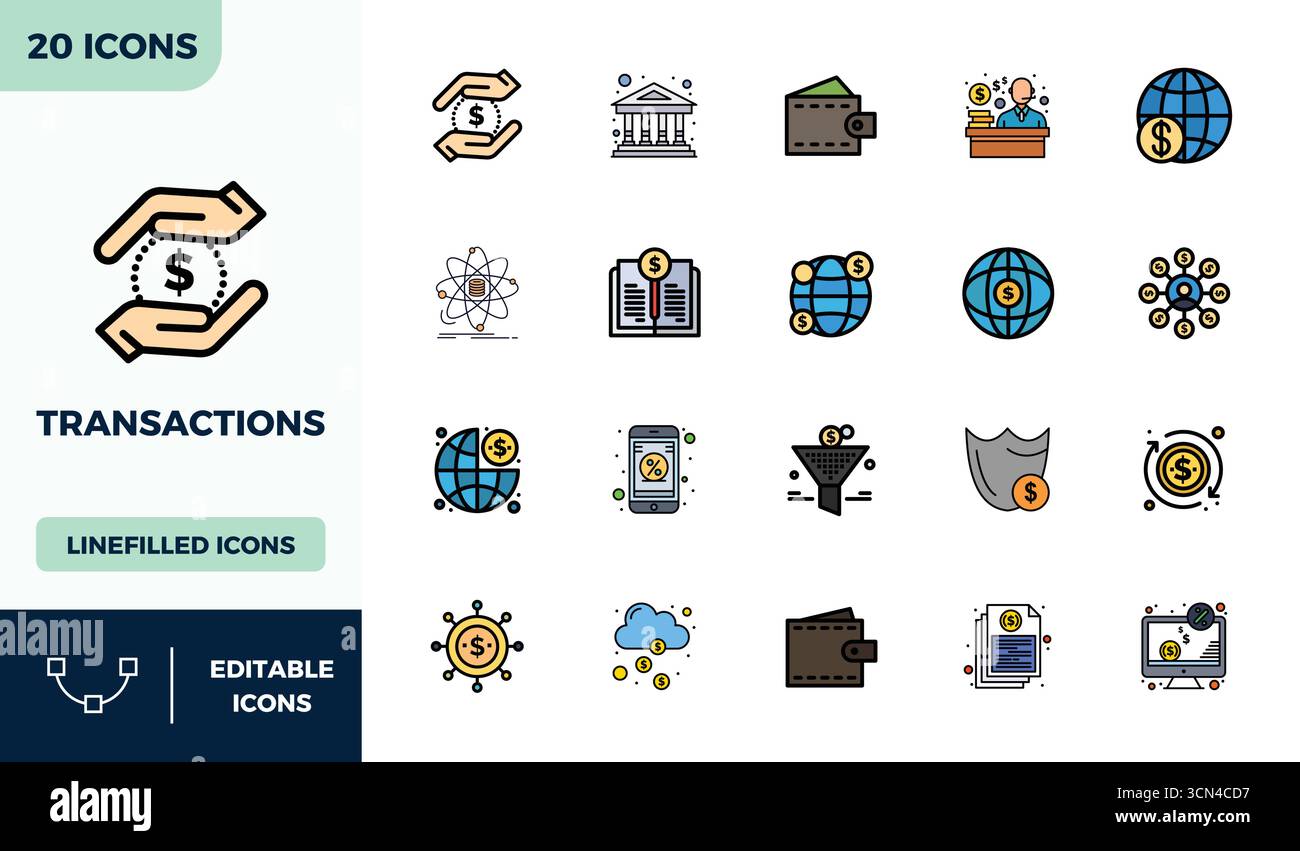 Ensemble simplifié de 20 icônes vectorielles pour les transactions dans l'esthétique Lineal Color Filled, avec 128x128 PIXELS résolution parfaite pour une exp utilisateur transparente Illustration de Vecteur