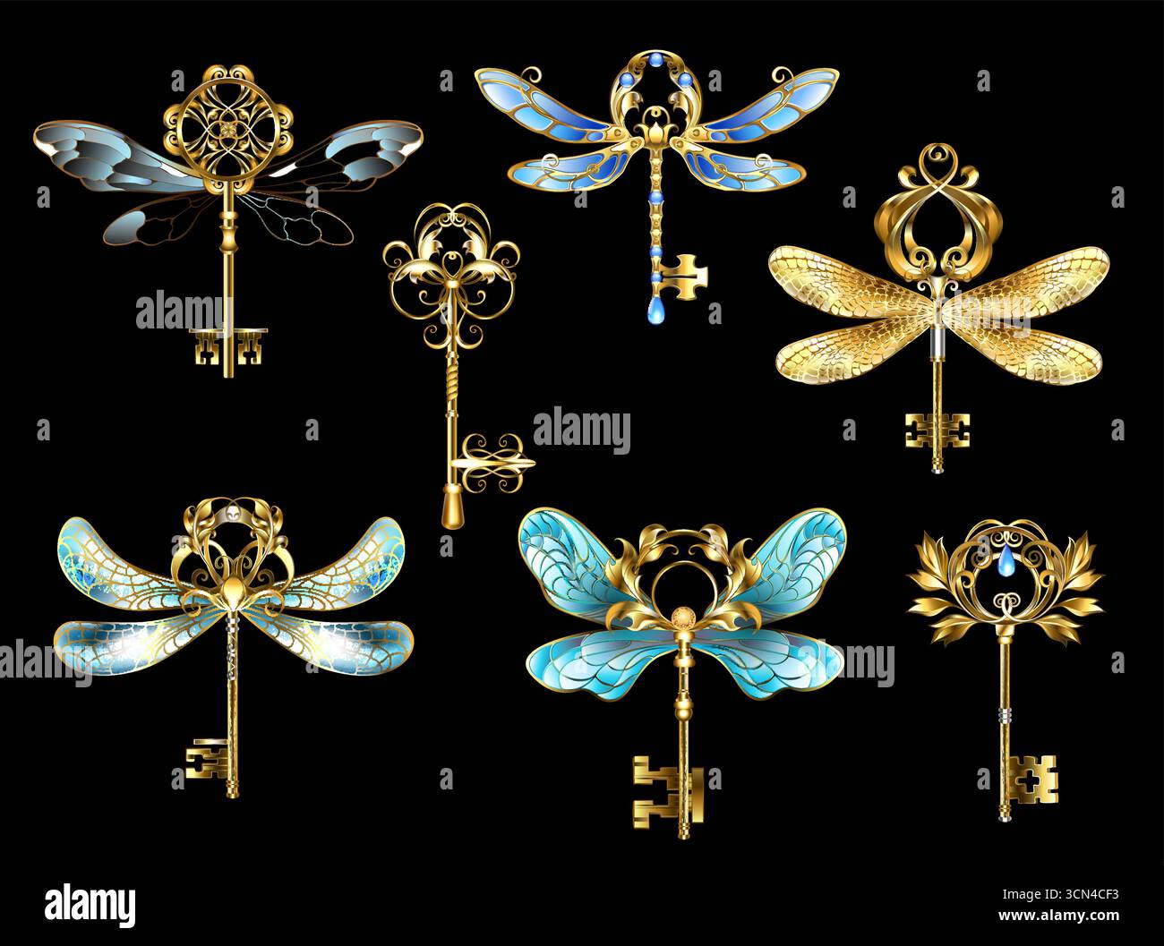 Ensemble de dessiné artistiquement, à motifs, bijoux, fée, or, passe-partout, richement décorées avec des ailes de papillon de nuit et des ailes de libellule. Style steampunk. Illustration de Vecteur