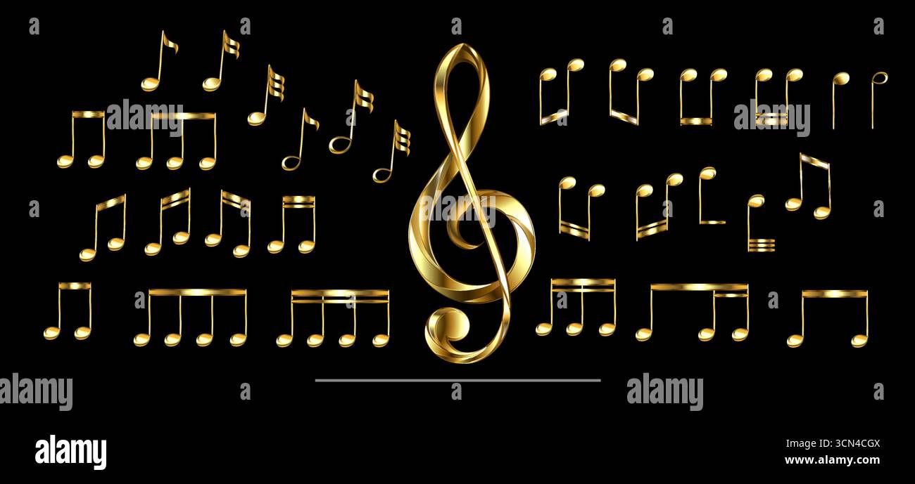 Ensemble de doré, bijoux, notes de musique étincelantes et clef triple sur fond noir. Illustration de Vecteur