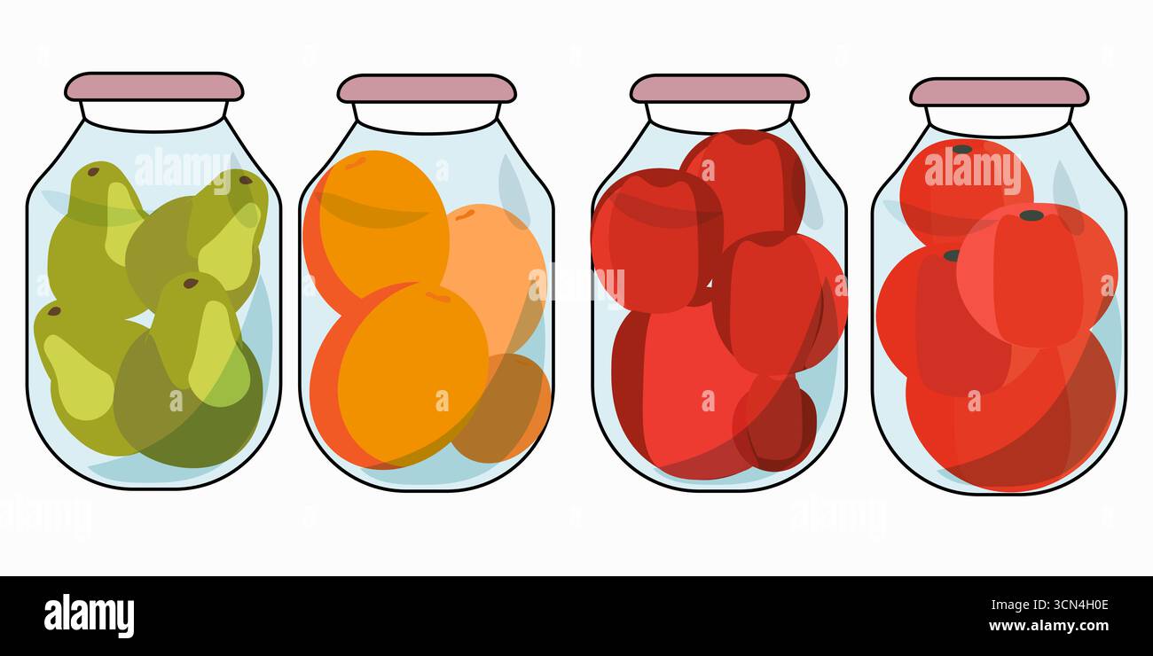 Bocaux en verre avec fruits et légumes, poires, pêches, tomates Illustration de Vecteur