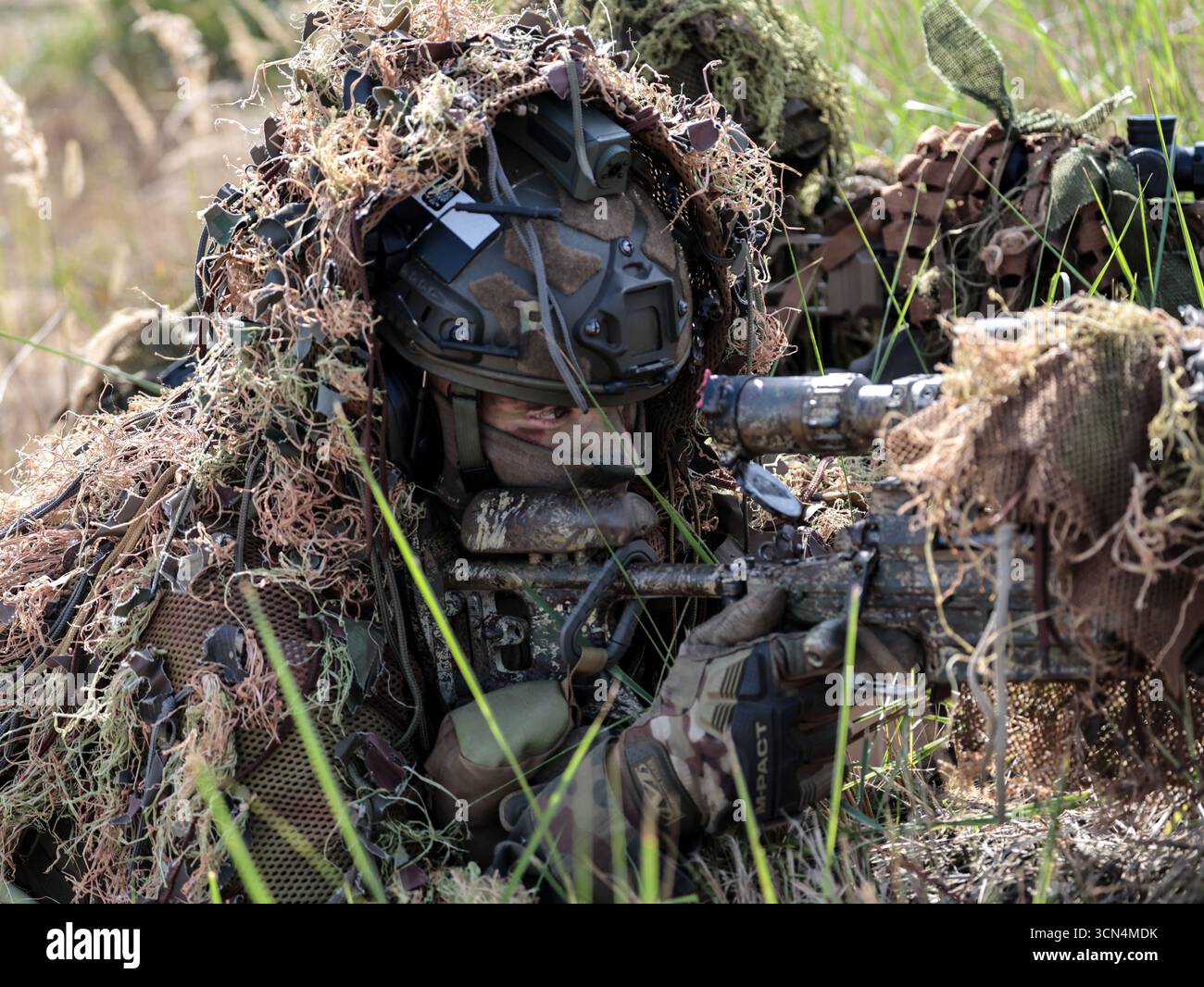 Les tireurs d'élite polonais vus sous couvert des Forces de défense territoriale s'entraînent au tir réel pour une attaque surprise avec des canons Sako M10 et Grot lors de la journée médiatique Iron Defender 25. L’exercice Iron Defender 25 est l’événement d’entraînement le plus important et le plus important planifié par et pour les forces armées polonaises. Il s'agit d'une série d'exercices défensifs menés sur terre, dans les airs et sur l'eau par les forces terrestres, aériennes, navales, spéciales et territoriales de défense. Trente mille soldats et 600 pièces d'équipement des forces armées polonaises et des alliés de l'OTAN y participent. Banque D'Images Les tireurs d'élite polonais vus sous couvert des Forces de défense territoriale s'entraînent au tir réel pour une attaque surprise avec des canons Sako M10 et Grot lors de la journée médiatique Iron Defender 25. L’exercice Iron Defender 25 est l’événement d’entraînement le plus important et le plus important planifié par et pour les forces armées polonaises. Il s'agit d'une série d'exercices défensifs menés sur terre, dans les airs et sur l'eau par les forces terrestres, aériennes, navales, spéciales et territoriales de défense. Trente mille soldats et 600 pièces d'équipement des forces armées polonaises et des alliés de l'OTAN y participent. Banque D'Images