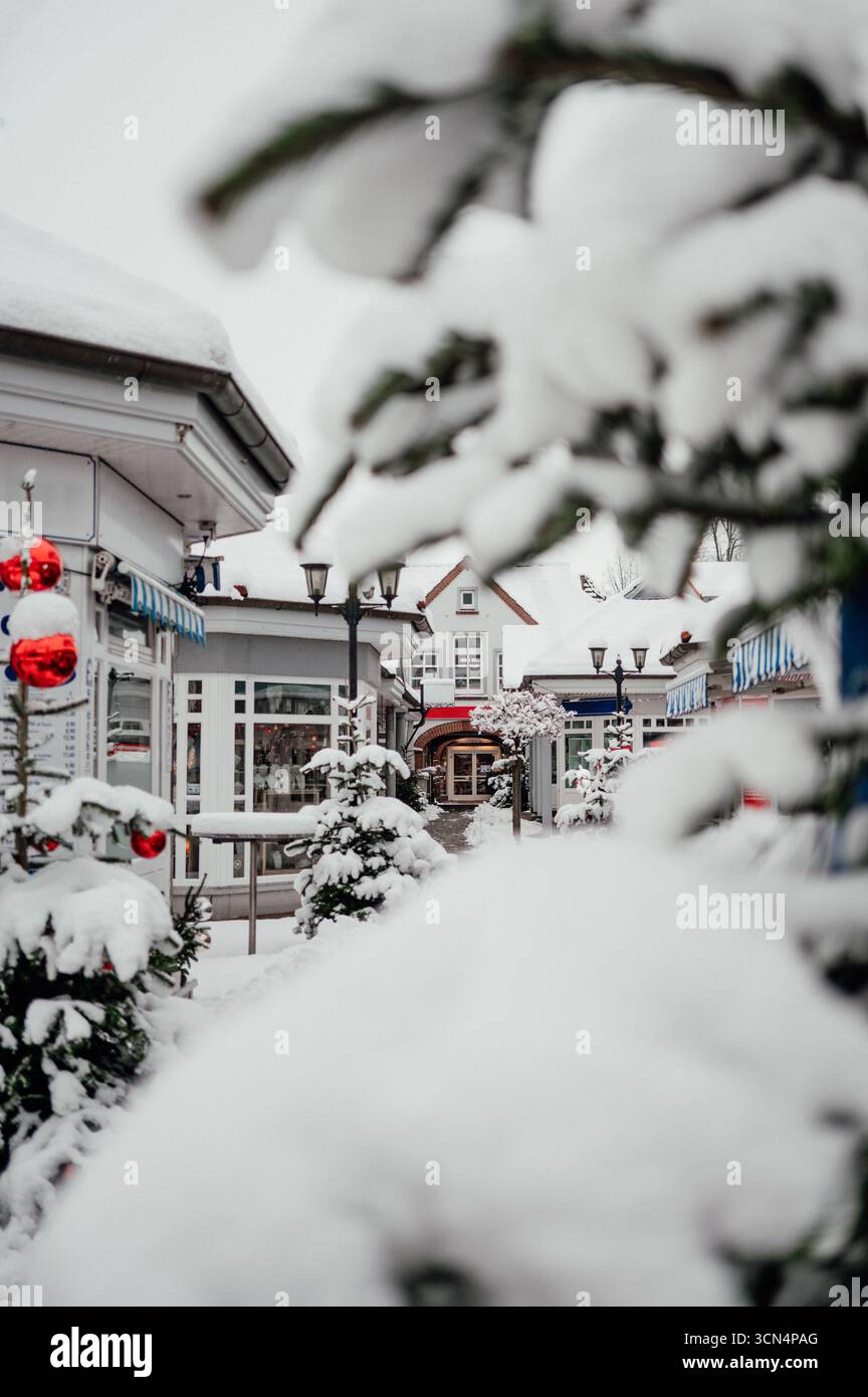 Arbres de Noël recouverts de neige et marché avec décorations rouges Banque D'Images