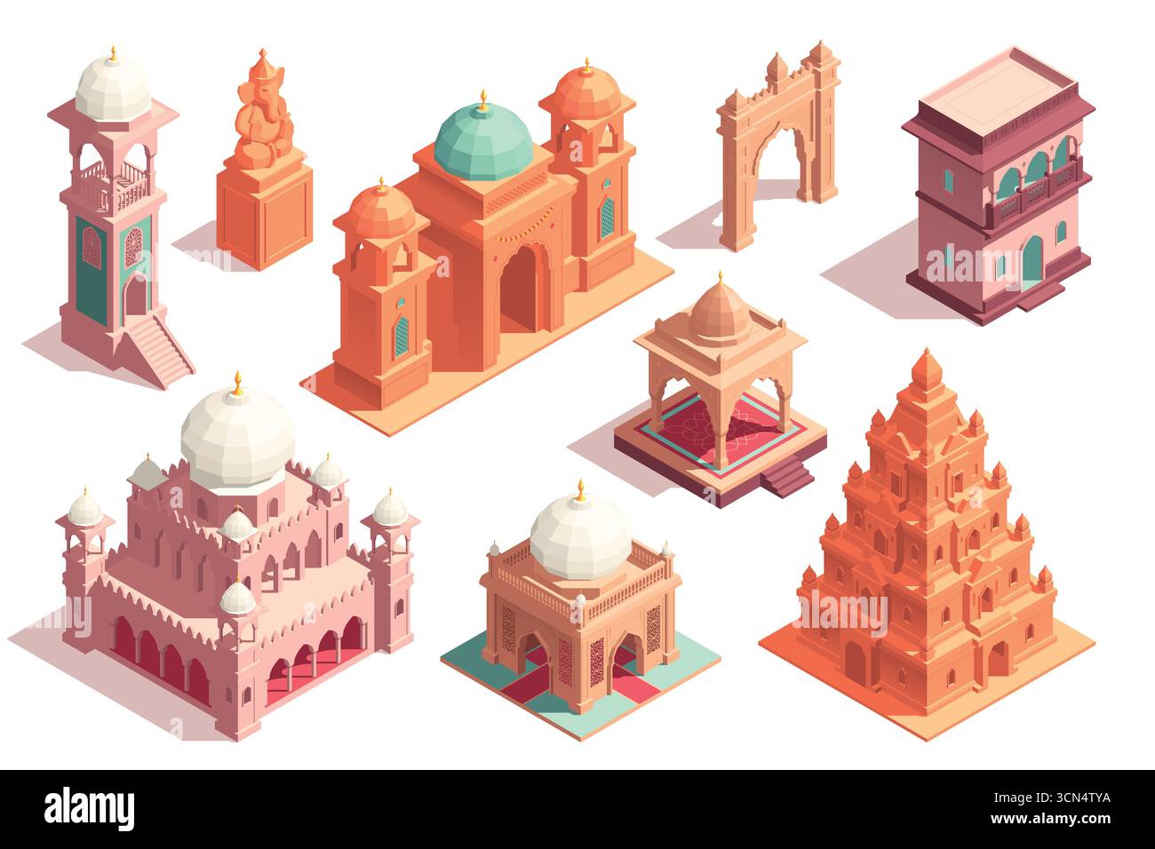 Collection isométrique d'éléments de construction indiens traditionnels Illustration de Vecteur